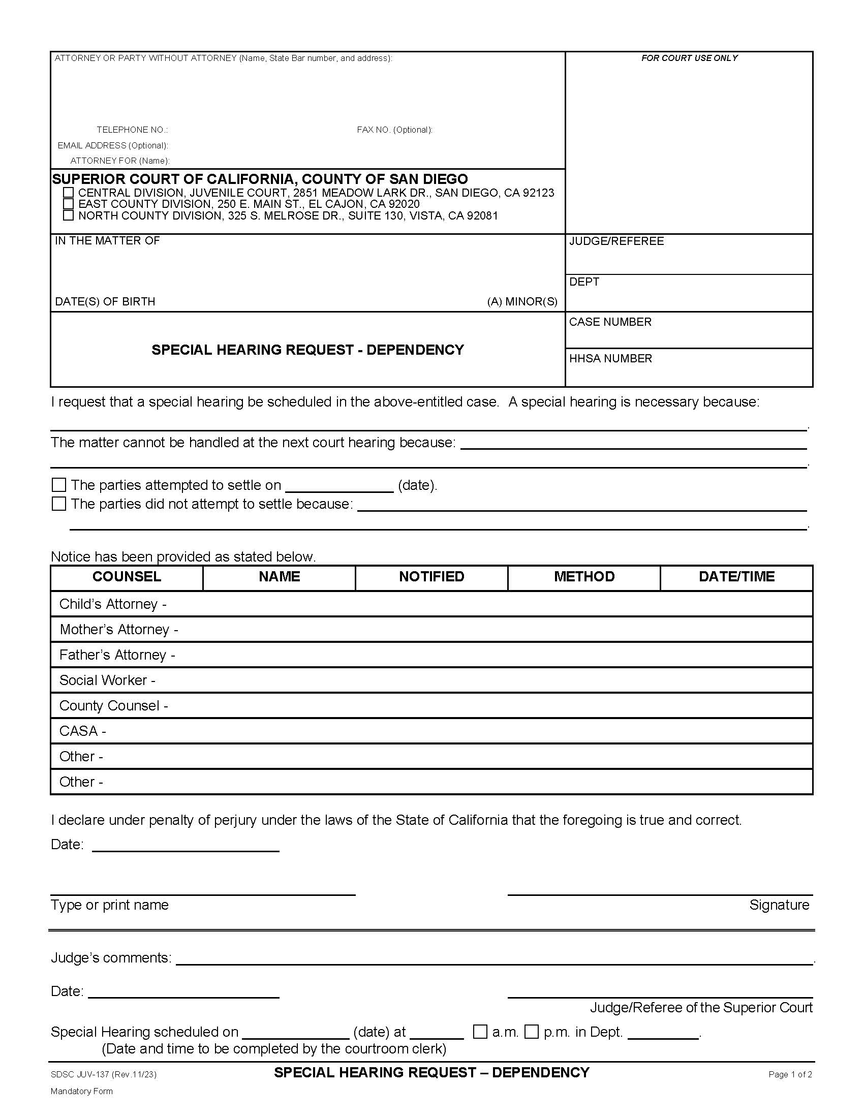 Special Hearing Request-Dependency {JUV-137} | Pdf Fpdf Docx | California