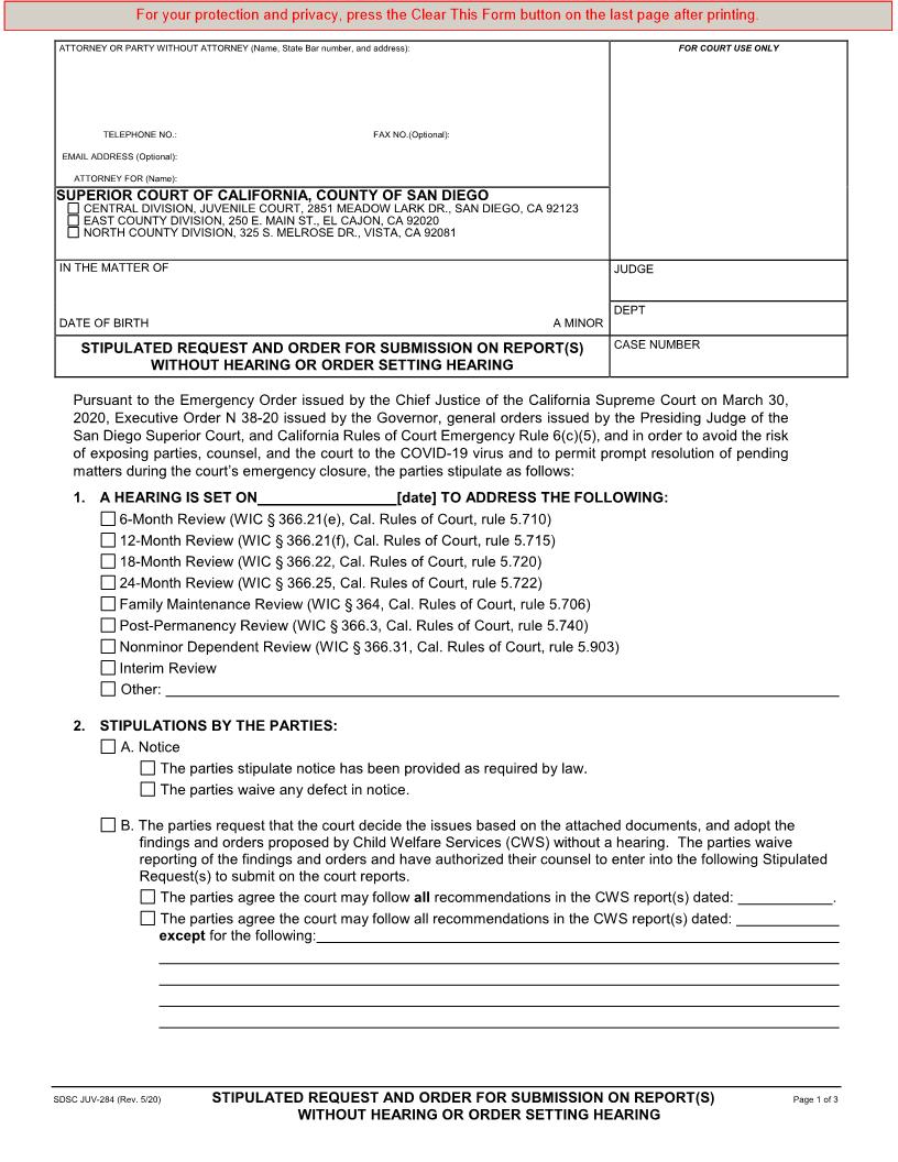 Stipulated Request And Order For Submission On Report(s) Without Hearing  {JUV-284} | Pdf Fpdf Docx | California