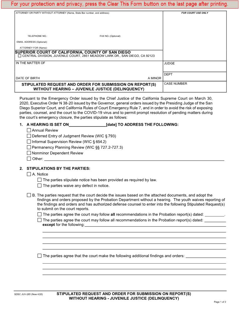 Stipulated Request And Order For Submission On Report(s) Without Hearing-Juvenile Justice {JUV-285} | Pdf Fpdf Docx | California