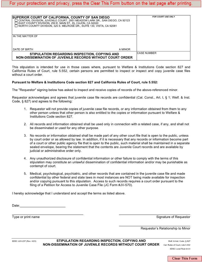 Stipulation Regarding Inspection Copying And Non-Dissemination Of Juvenile Records {JUV-237} | Pdf Fpdf Docx | California