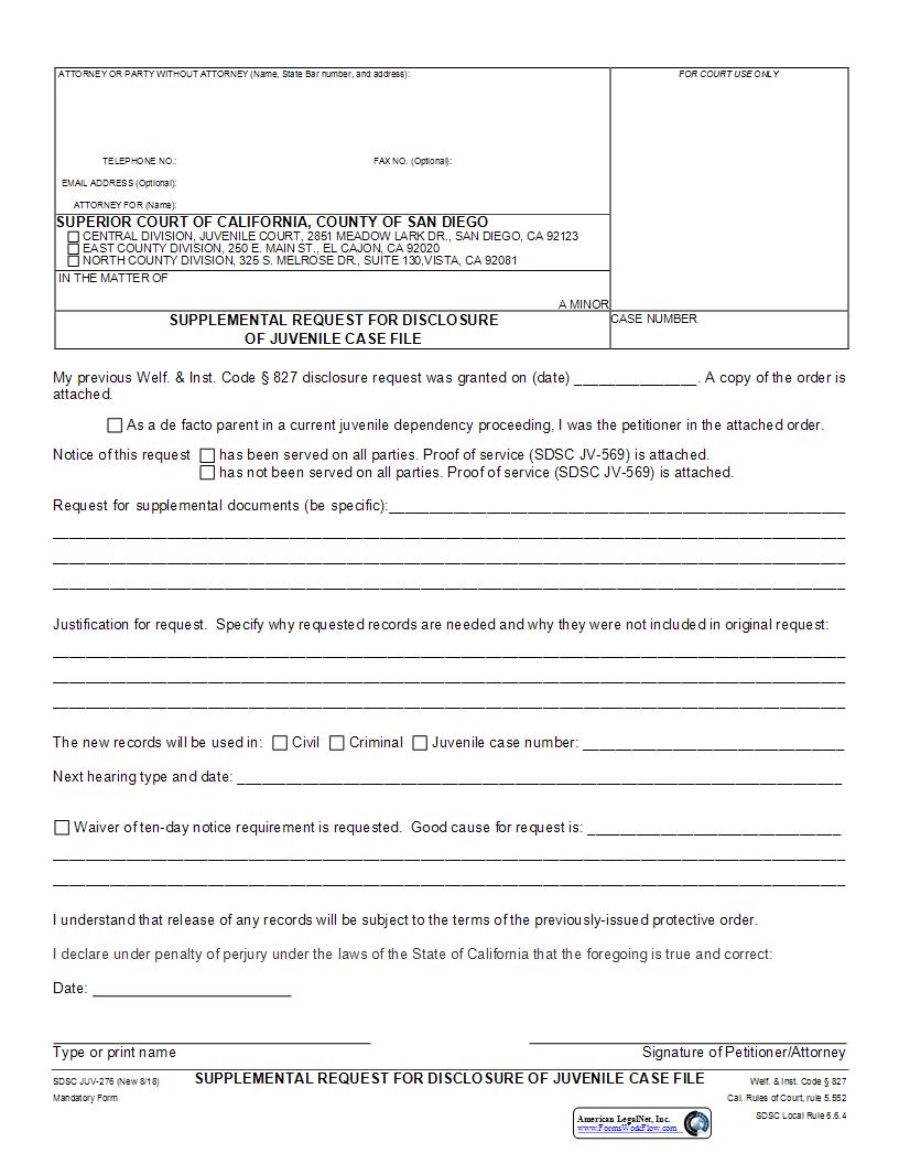 Supplemental Request For Disclosure Of Juvenile Case File {JUV-276} | Pdf Fpdf Docx | California