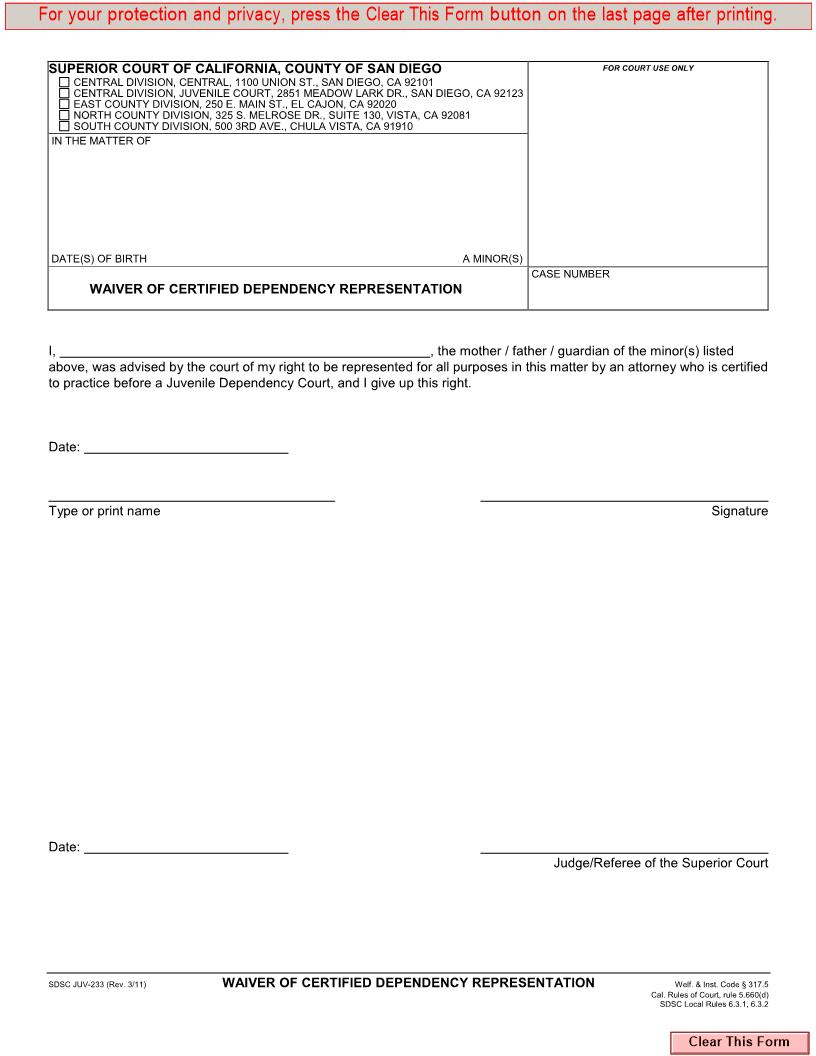 Waiver Of Certified Dependency Representation {JUV-233} | Pdf Fpdf Docx | California
