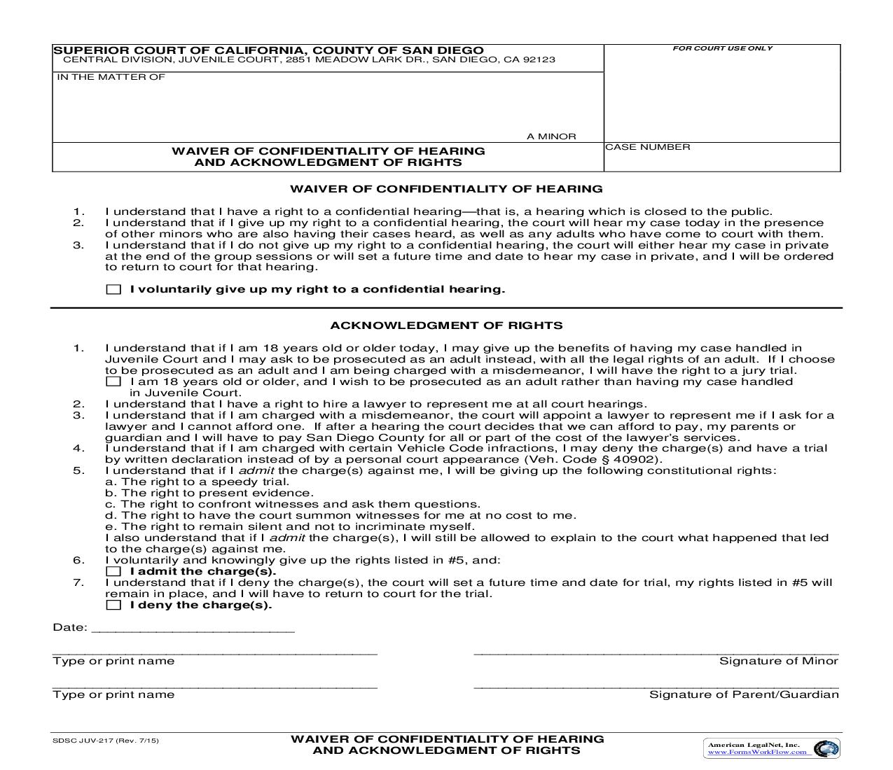 Waiver Of Confidentiality Of Hearing And Acknowledgment Of Rights {JUV-217} | Pdf Fpdf Doc Docx | California