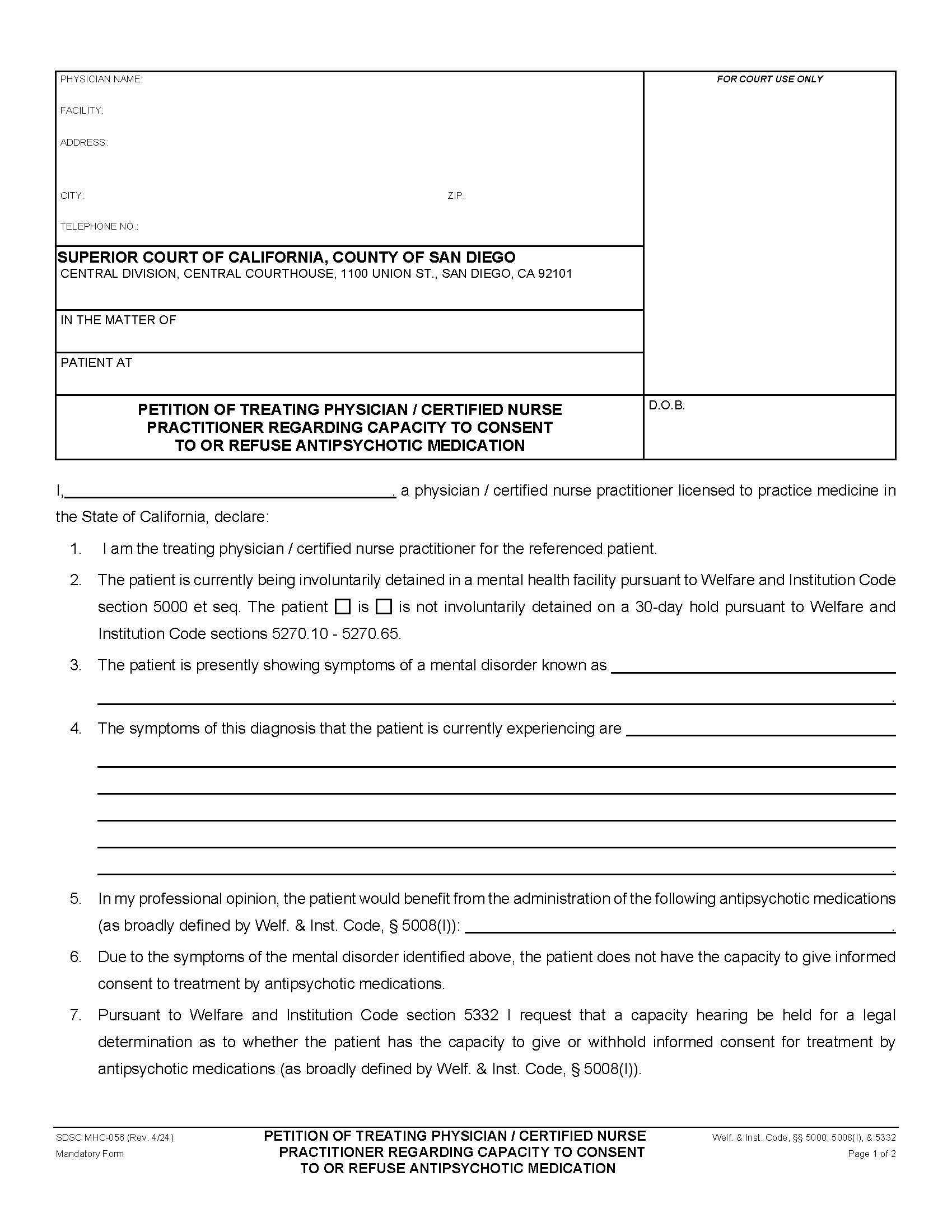 Petition Of Treating Physician-Certified Nurse Practitioner Regarding Capacity {MHC-056} | Pdf Fpdf Docx | California