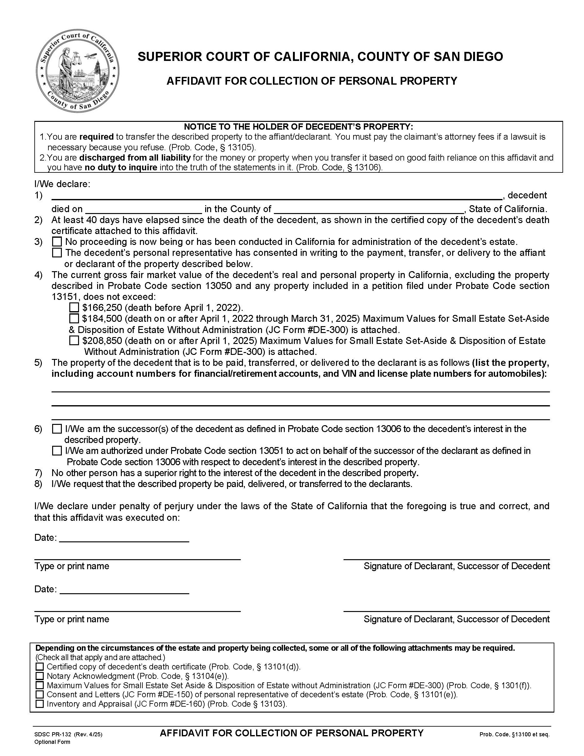 Affidavit For Collection Of Property Without Probate {PR-132} | Pdf Fpdf Docx | California