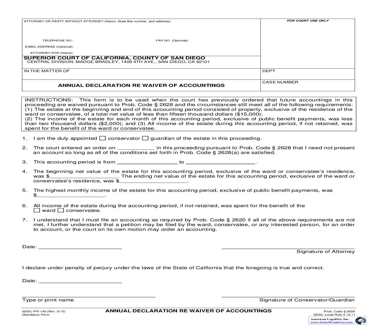 Annual Declaration Re Waiver Of Accountings {PR-149} | Pdf Fpdf Docx | California