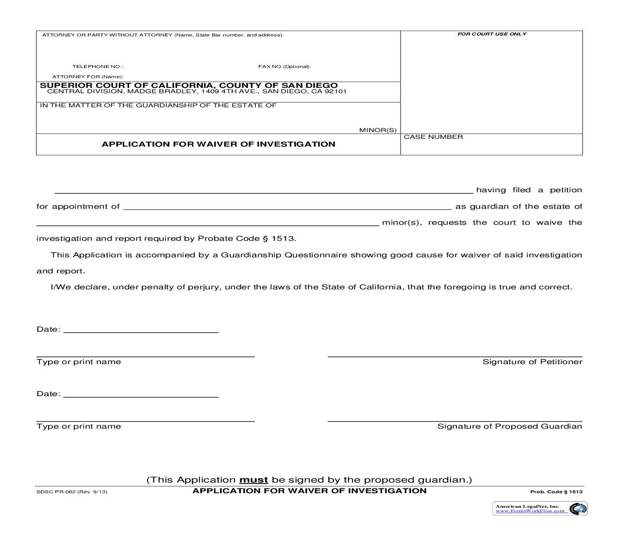 Application For Waiver Of Investigation {PR-62} | Pdf Fpdf Doc Docx | California