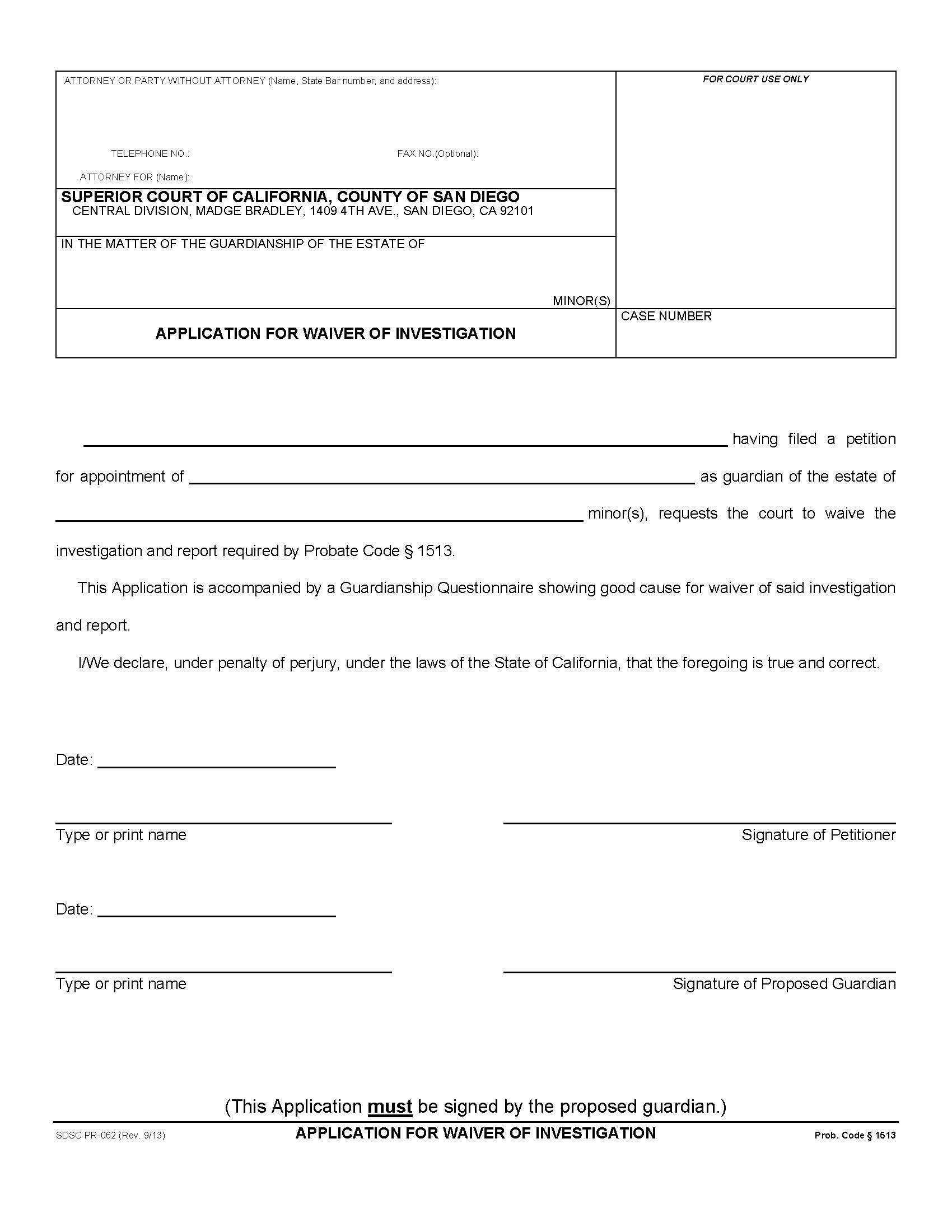 Application For Waiver Of Investigation {PR-62} | Pdf Fpdf Doc Docx | California