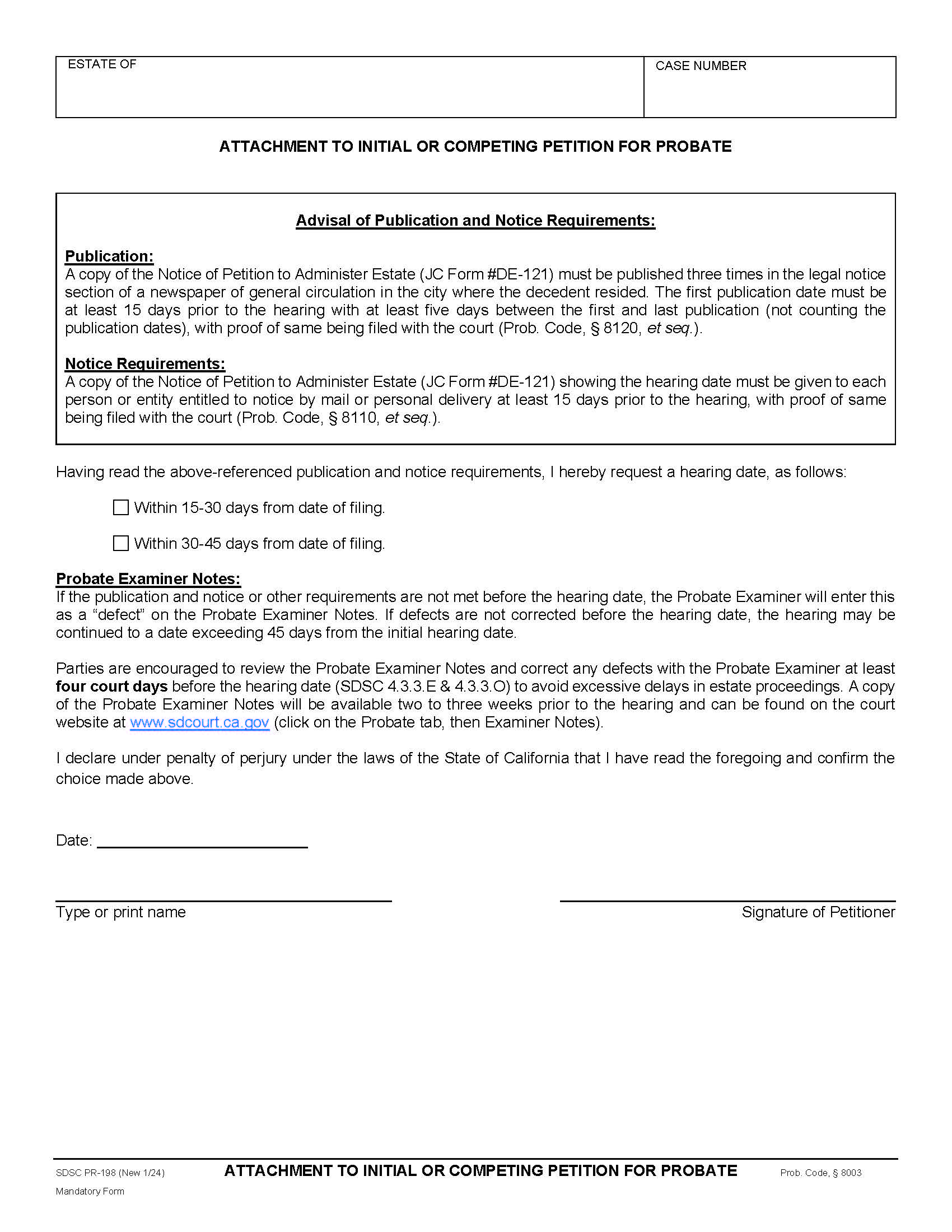 Attachment To Initial Or Competing Petition For Probate {PR-198} | Pdf Fpdf Docx | California