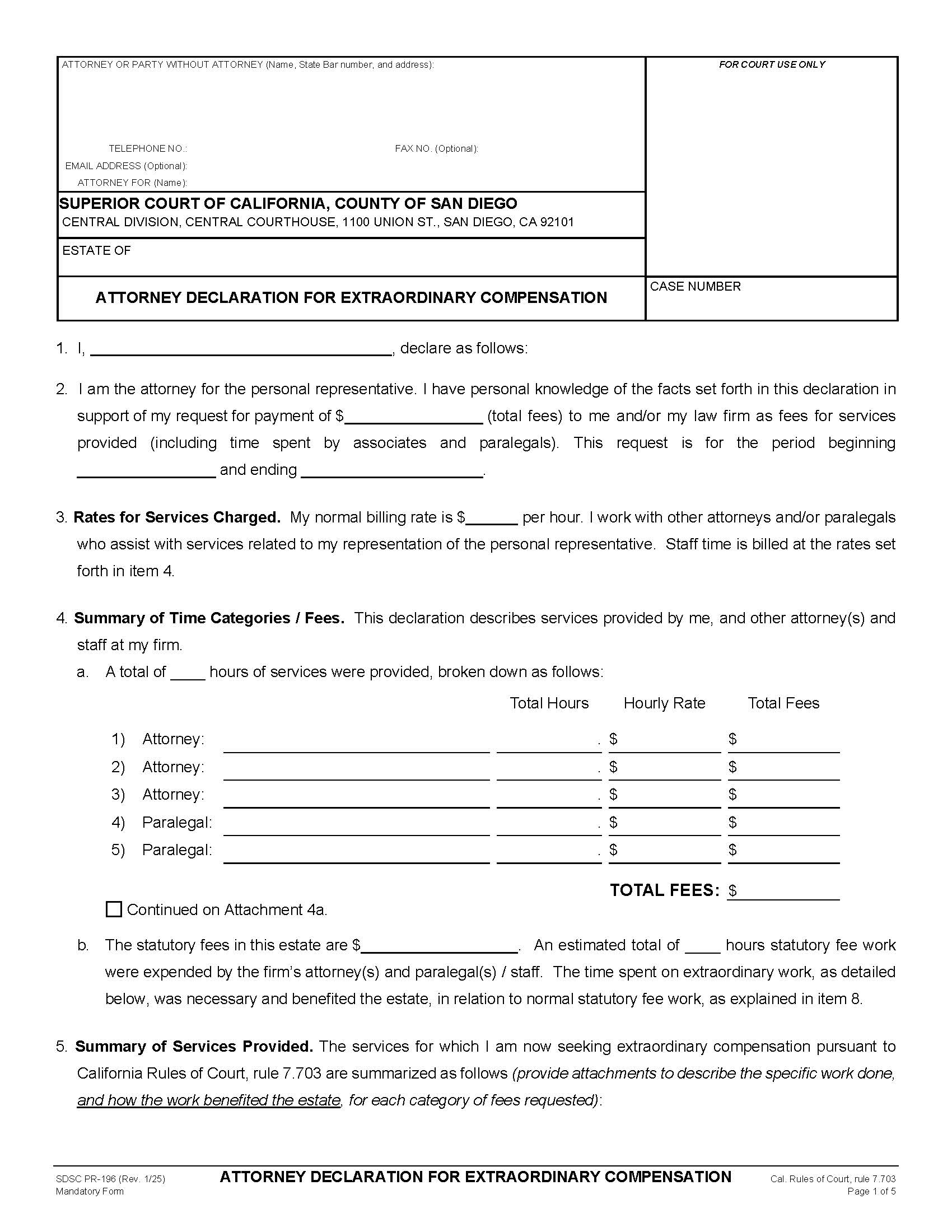 Attorney Declaration For Extraordinary Compensation {PR-196} | Pdf Fpdf Docx | California
