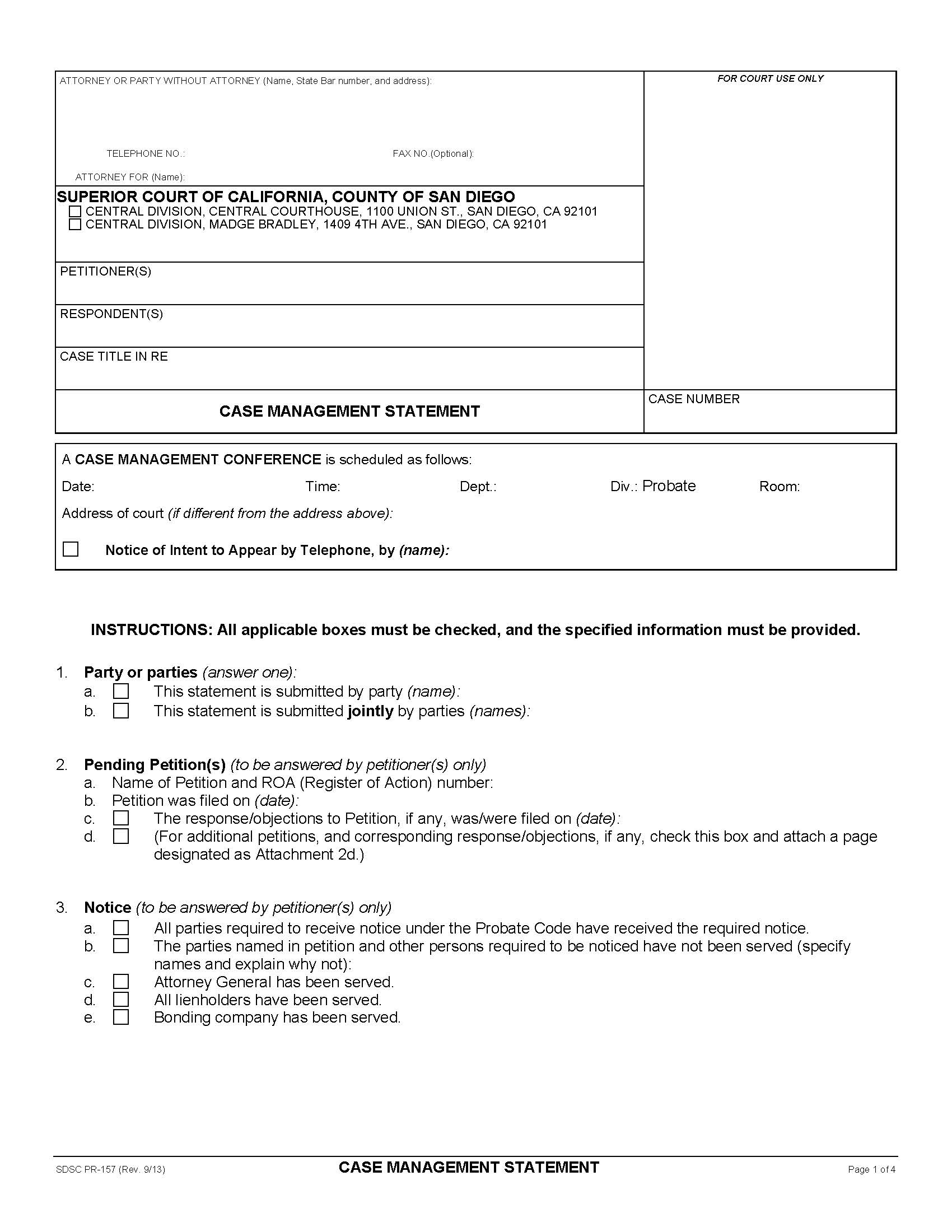 Case Management Statement {PR-157} | Pdf Fpdf Docx | California
