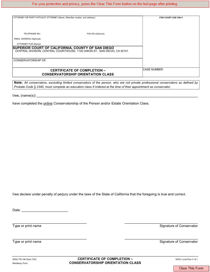 Certificate Of Completion-Conservatorship Orientation Class {PR-186} | Pdf Fpdf Docx | California