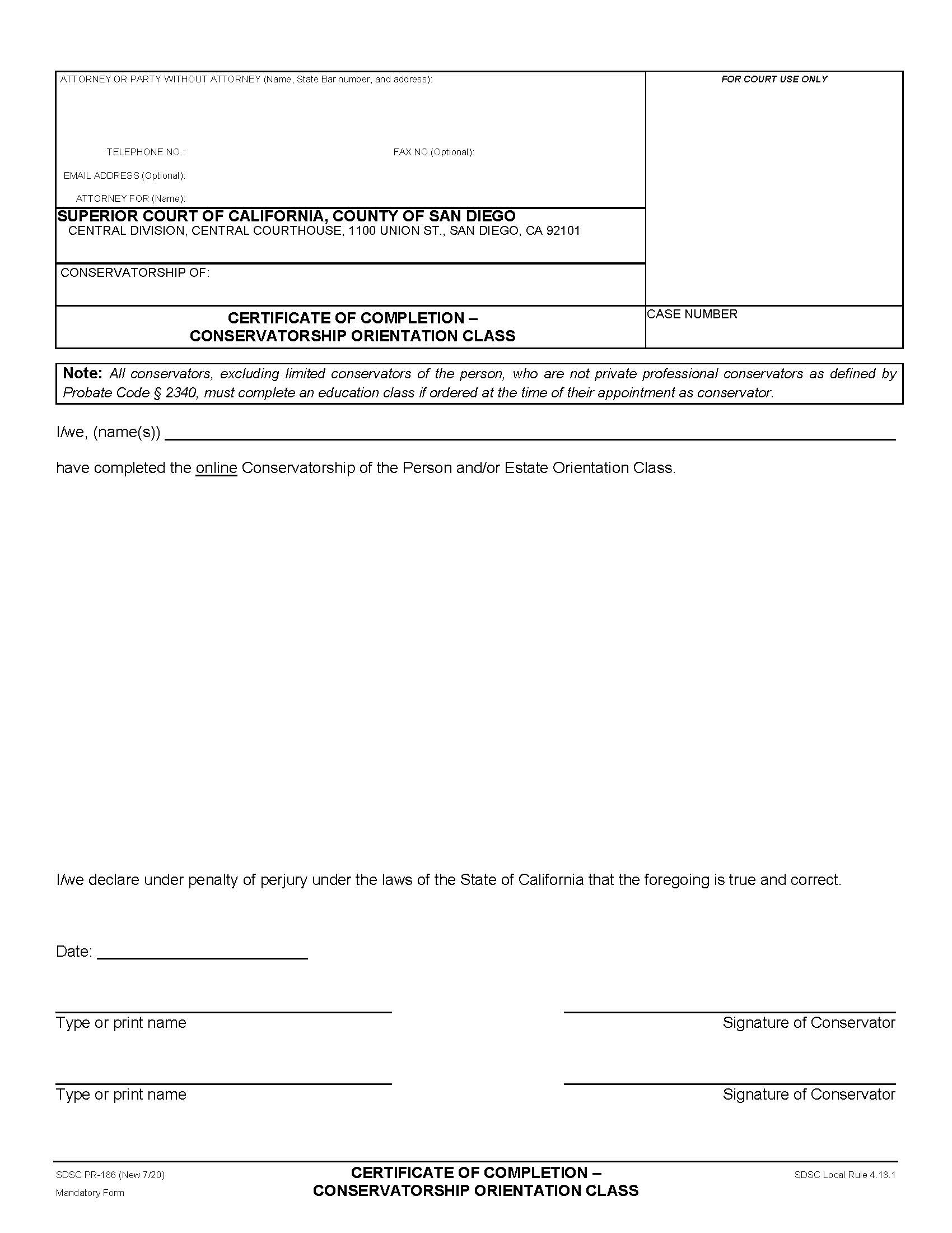 Certificate Of Completion-Conservatorship Orientation Class {PR-186} | Pdf Fpdf Docx | California