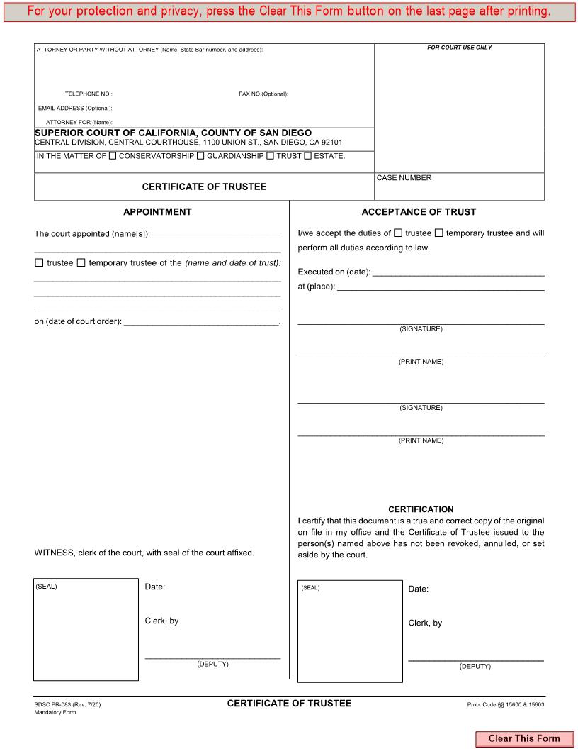 Certificate Of Trustee Appointment {PR-83} | Pdf Fpdf Docx | California