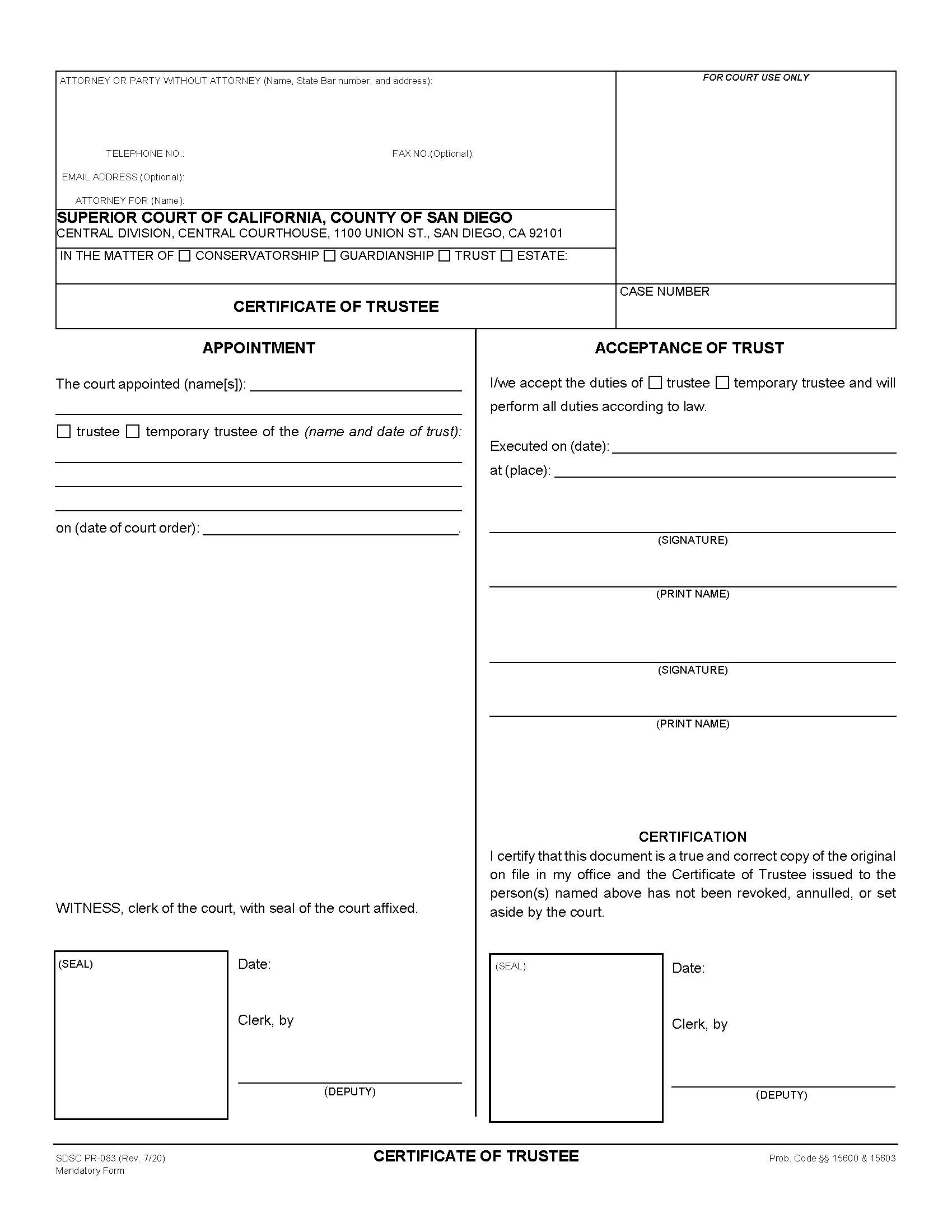 Certificate Of Trustee Appointment {PR-83} | Pdf Fpdf Docx | California