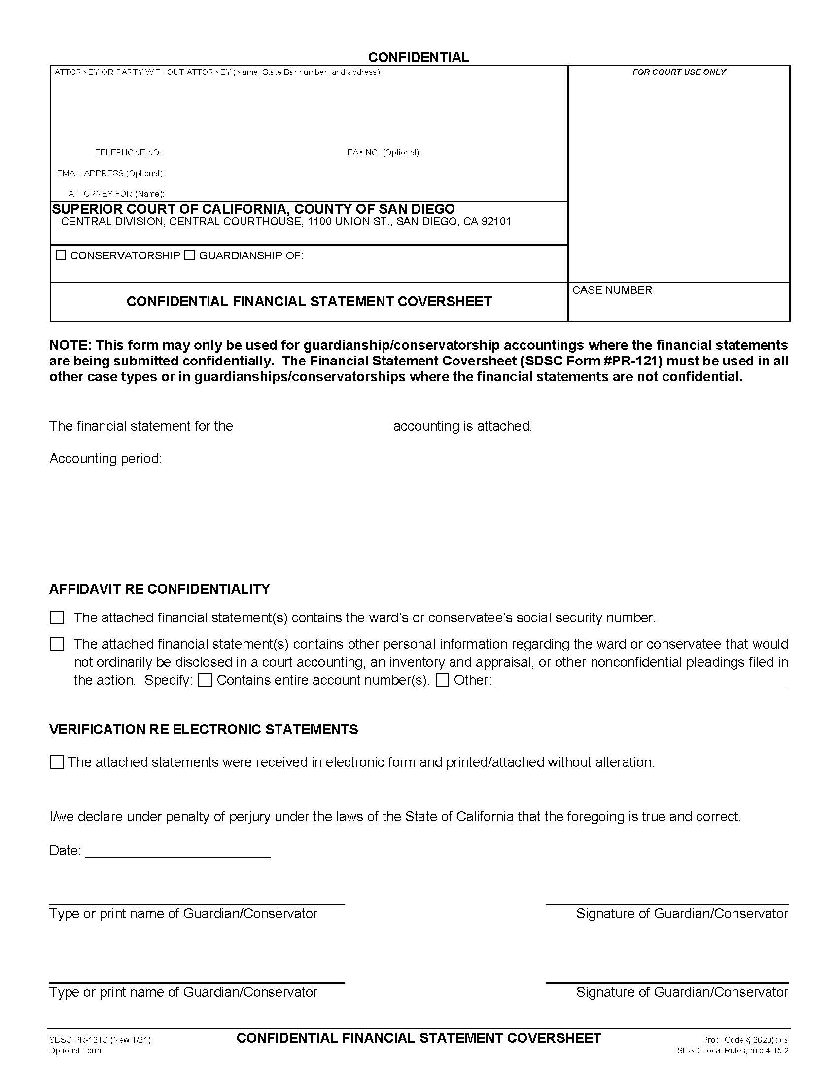 Confidential Financial Statement Coversheet {PR-121C} | Pdf Fpdf Docx | California