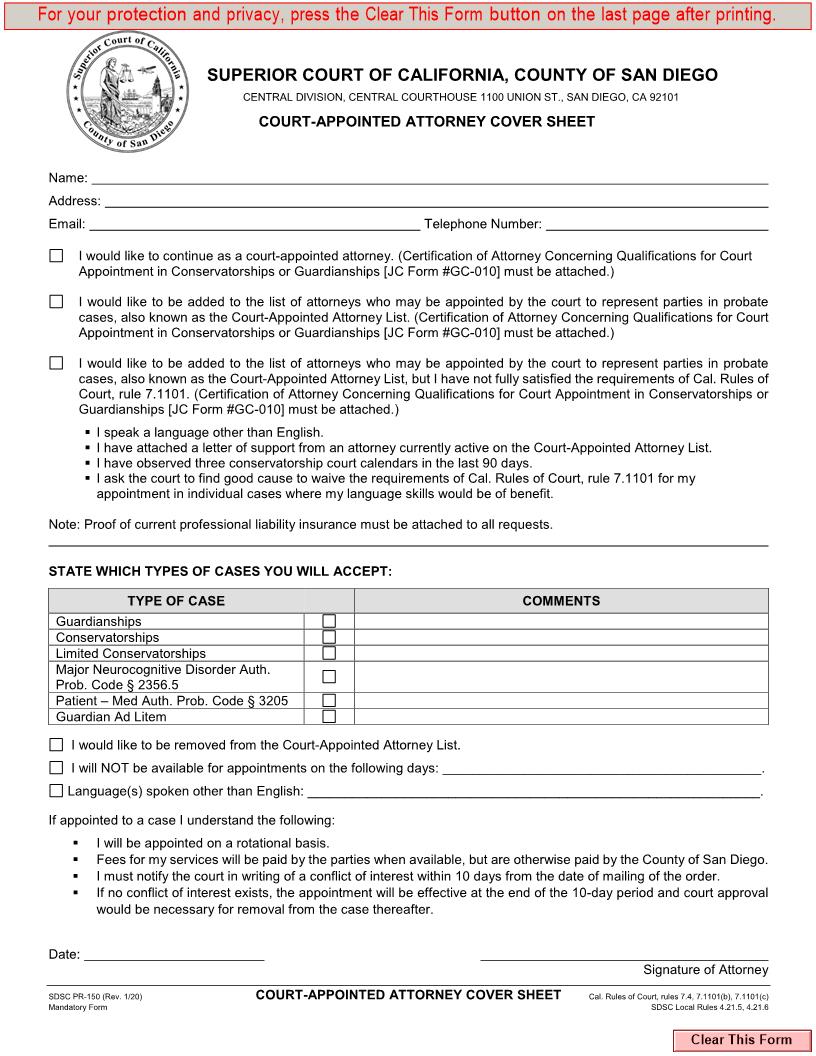 Court Appointed Attorney Cover Sheet {PR-150} | Pdf Fpdf Docx | California