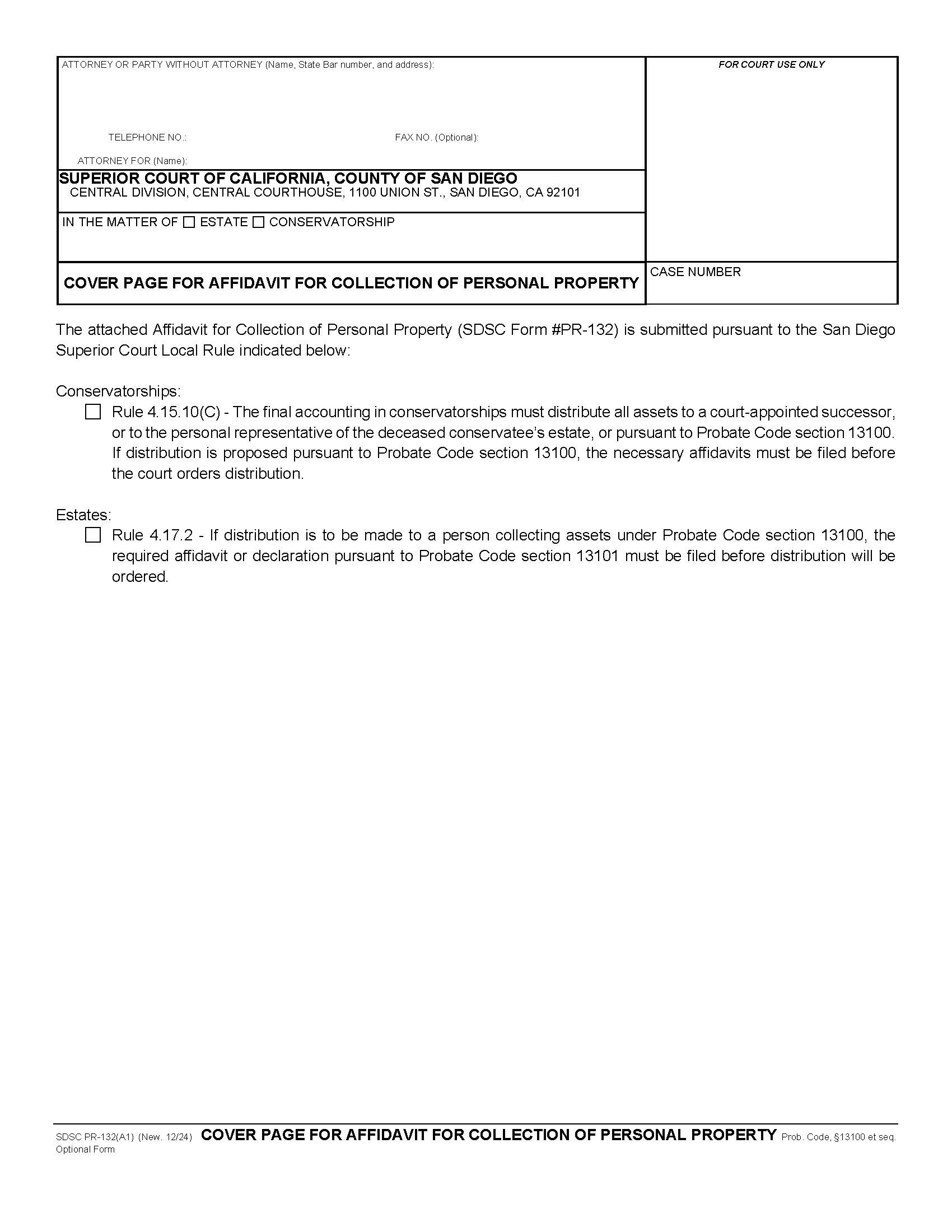 Cover Page For Affidavit For Collection Of Personal Property {PR-132(A1)} | Pdf Fpdf Docx | California