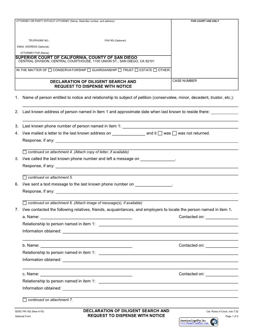 Declaration Of Diligent Search And Request To Dispense With Notice {PR-182} | Pdf Fpdf Docx | California