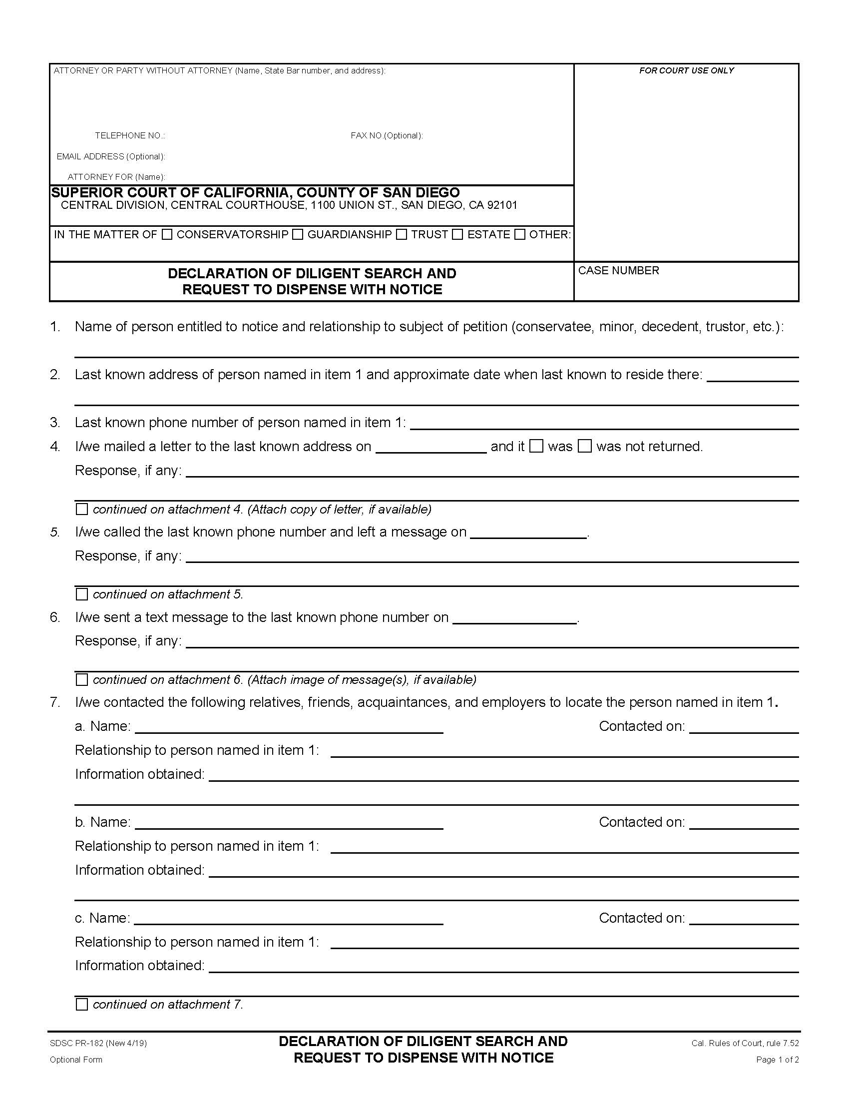 Declaration Of Diligent Search And Request To Dispense With Notice {PR-182} | Pdf Fpdf Docx | California