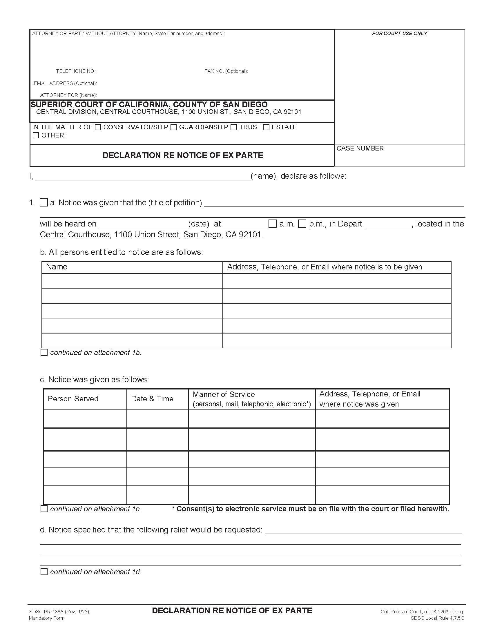 Declaration Re Notice Of Ex Parte  {PR-136A} | Pdf Fpdf Docx | California