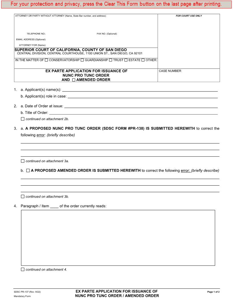 Ex Parte Application For Issuance Of Nunc Pro Tunc Order-Amended Order {PR-137} | Pdf Fpdf Docx | California