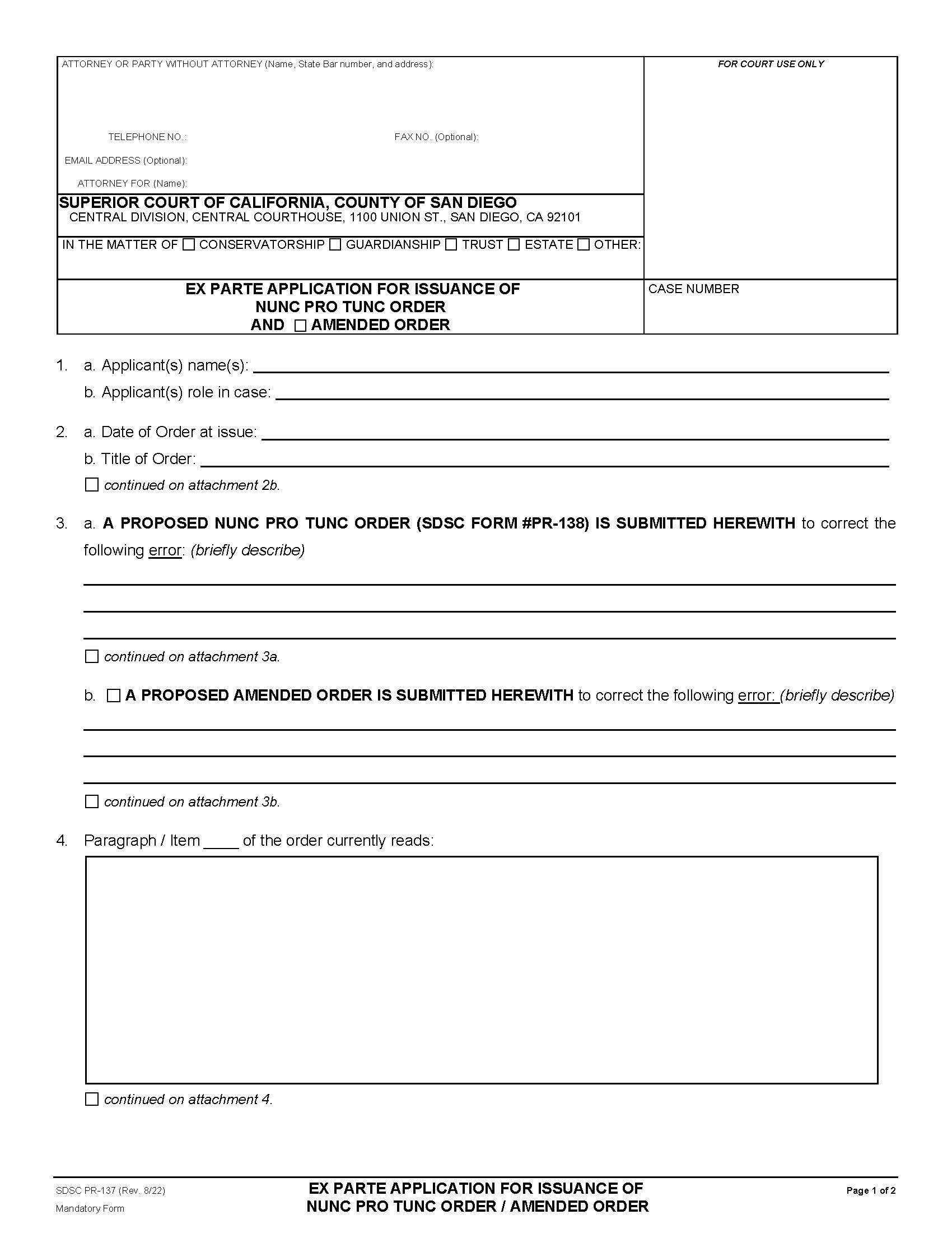 Ex Parte Application For Issuance Of Nunc Pro Tunc Order-Amended Order {PR-137} | Pdf Fpdf Docx | California