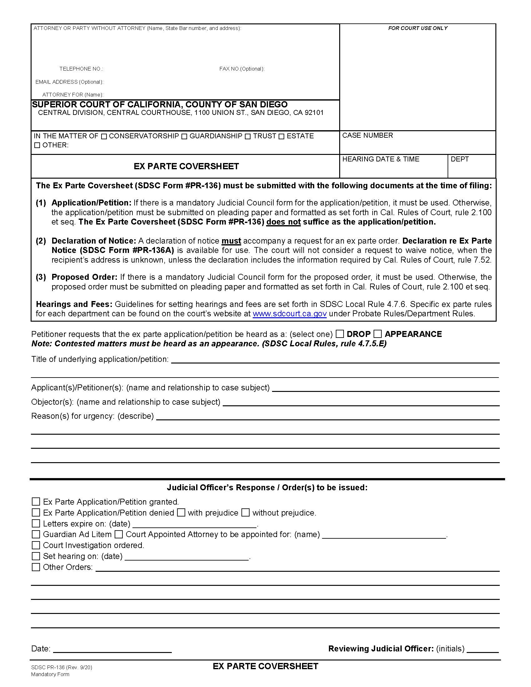 Ex Parte Coversheet {PR-136} | Pdf Fpdf Docx | California