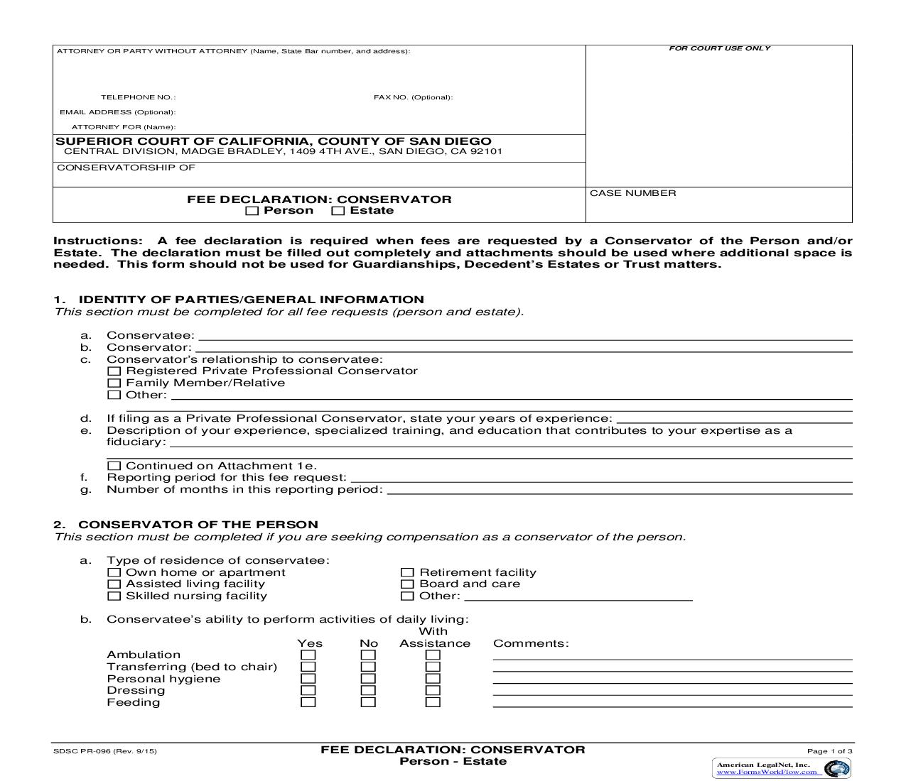 Fee Declaration Conservator {PR-96} | Pdf Fpdf Docx | California