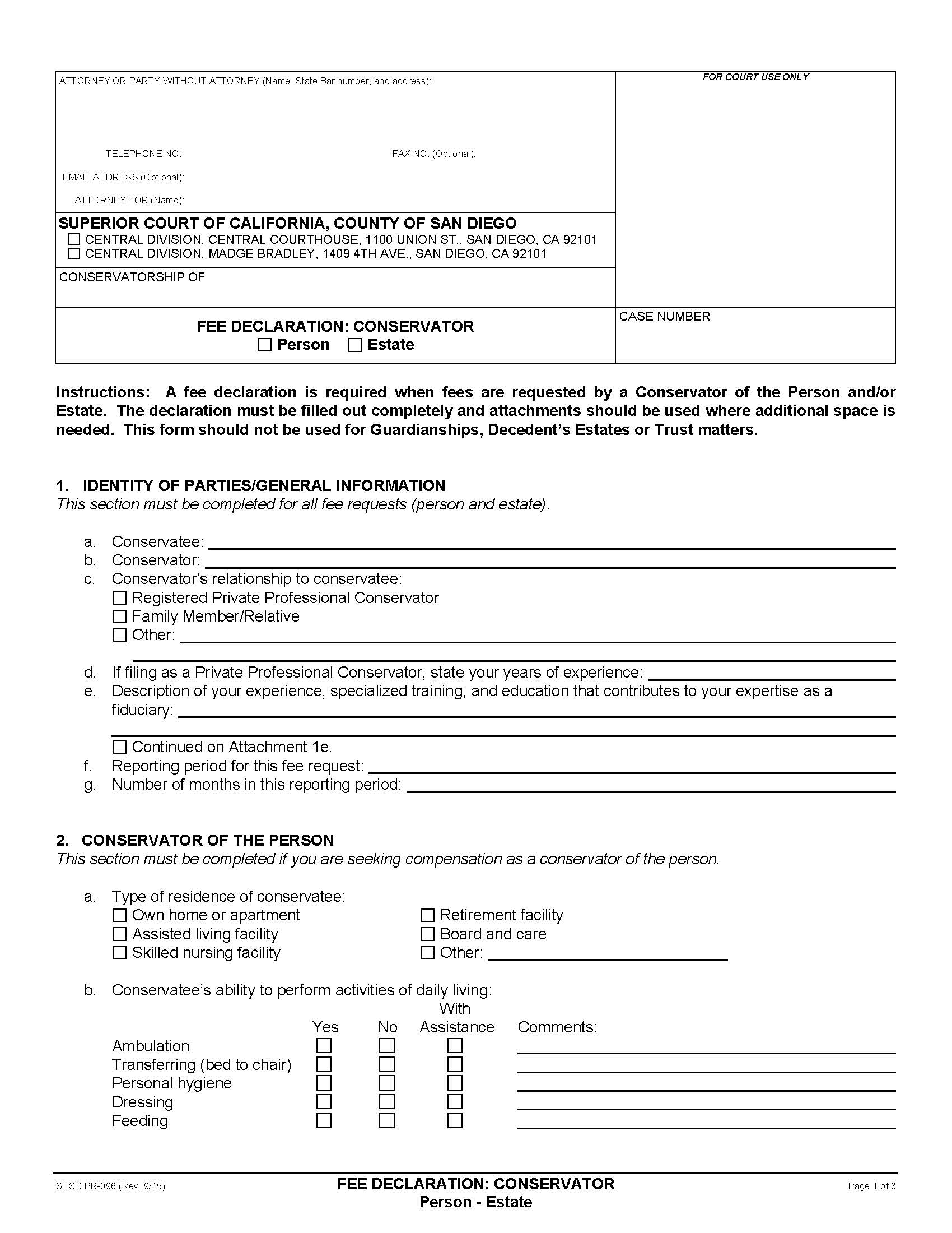 Fee Declaration Conservator {PR-96} | Pdf Fpdf Docx | California