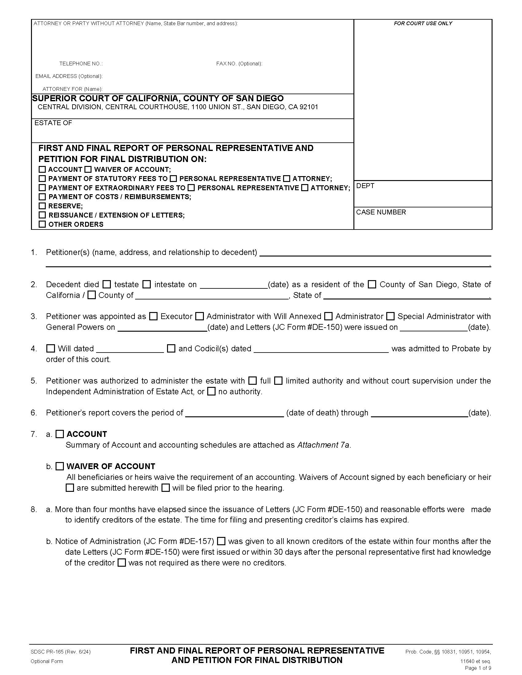 First And Final Report Of Personal Representative {PR-165} | Pdf Fpdf Docx | California
