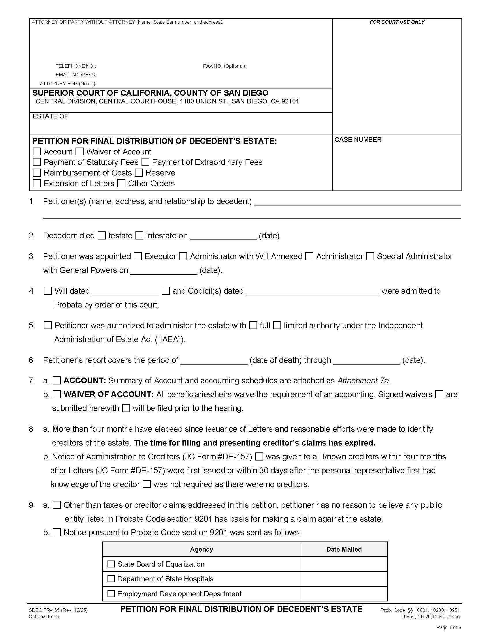 First And Final Report Of Personal Representative {PR-165} | Pdf Fpdf Docx | California