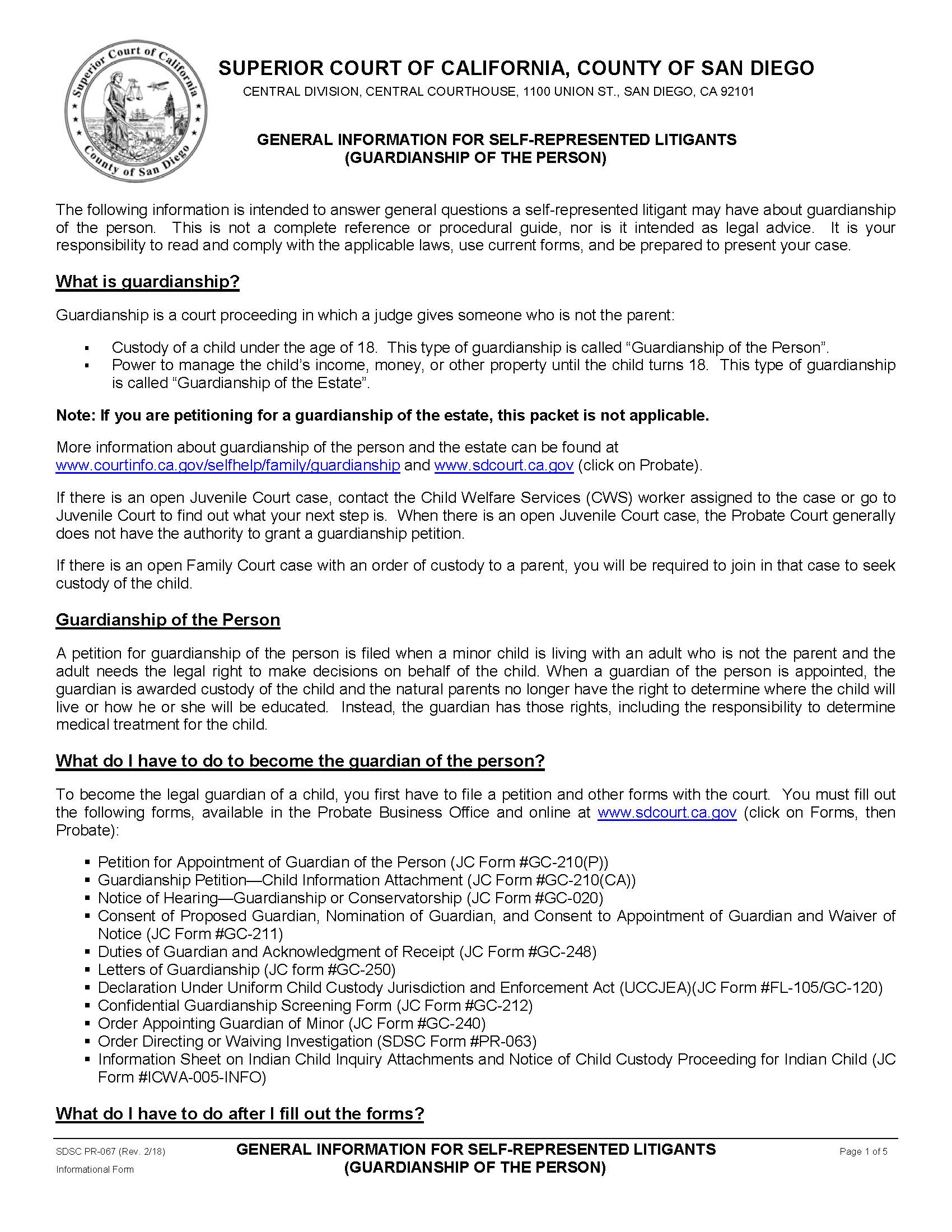 General Information For Self-Represented Litigants {PR-067} | Pdf Fpdf Docx | California