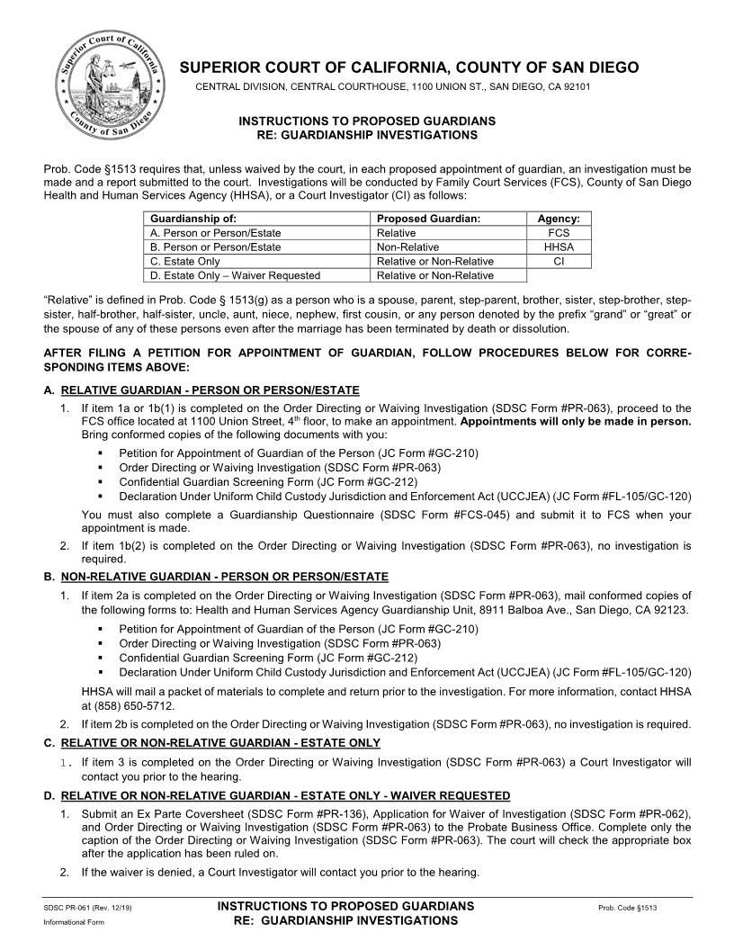 Instructions To Proposed Guardians Of The Person Re Guardianship Investigations {PR-061} | Pdf Fpdf Docx | California