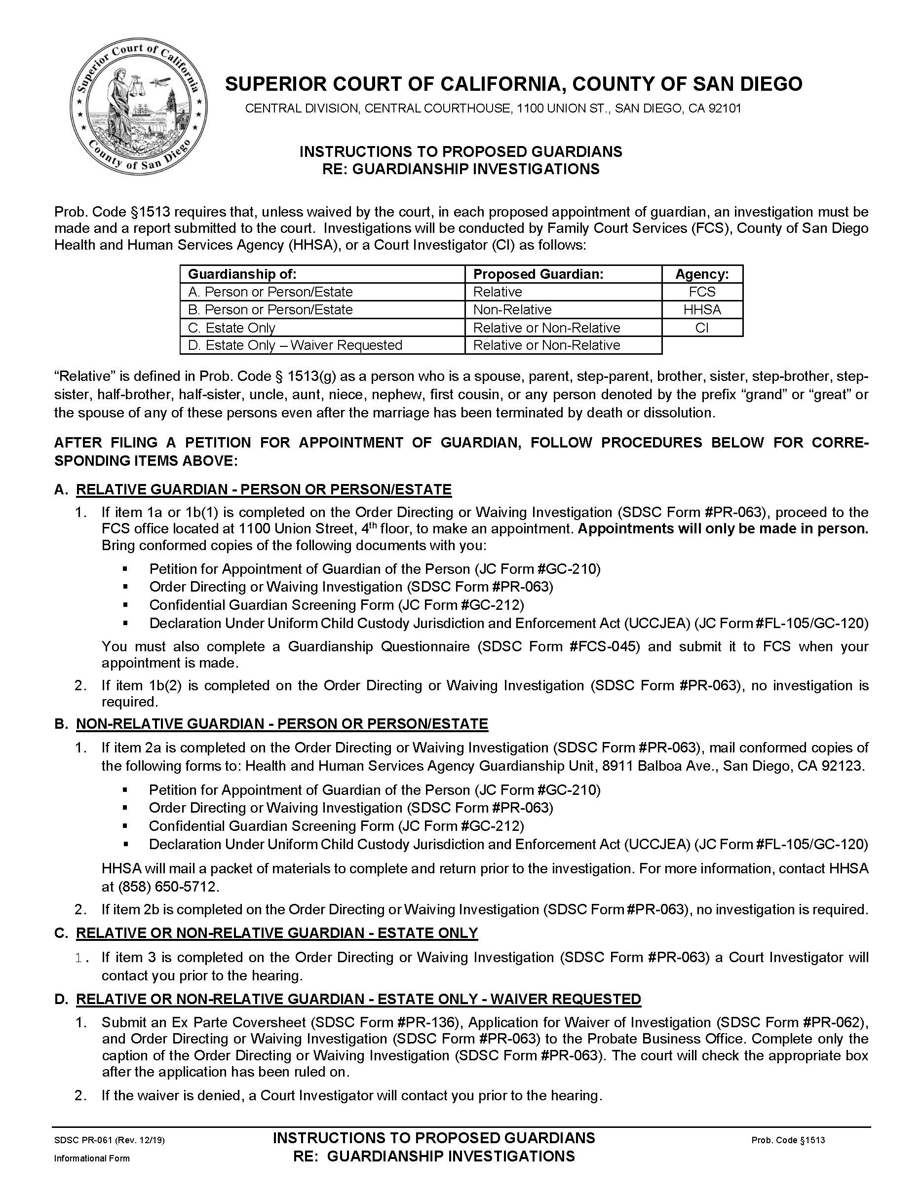 Instructions To Proposed Guardians Of The Person Re Guardianship Investigations {PR-061} | Pdf Fpdf Docx | California