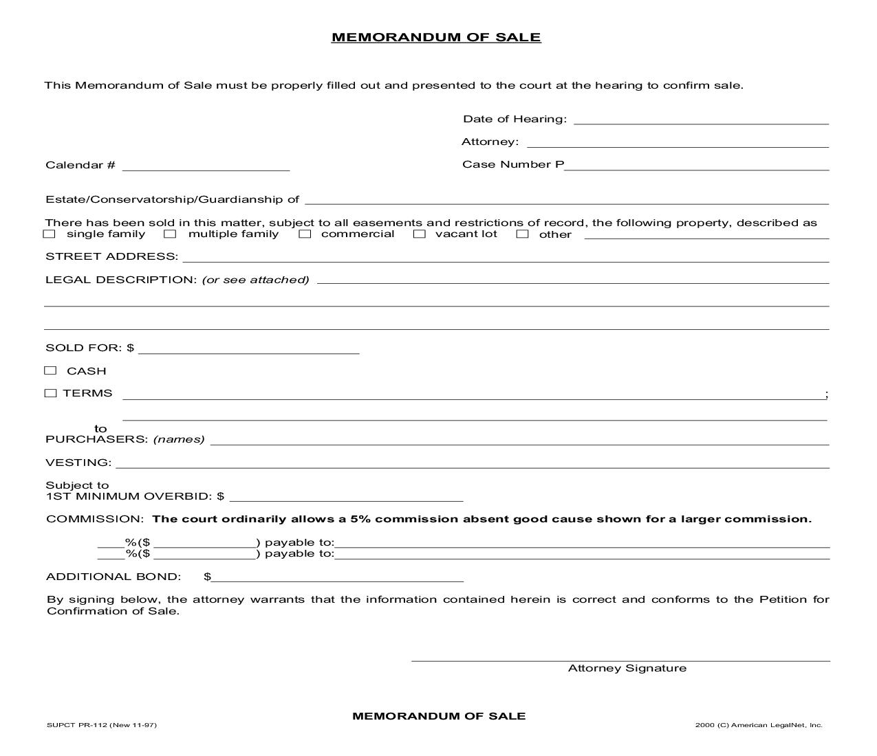 Memorandum Of Sale {PR-112} | Pdf Fpdf Doc Docx | California
