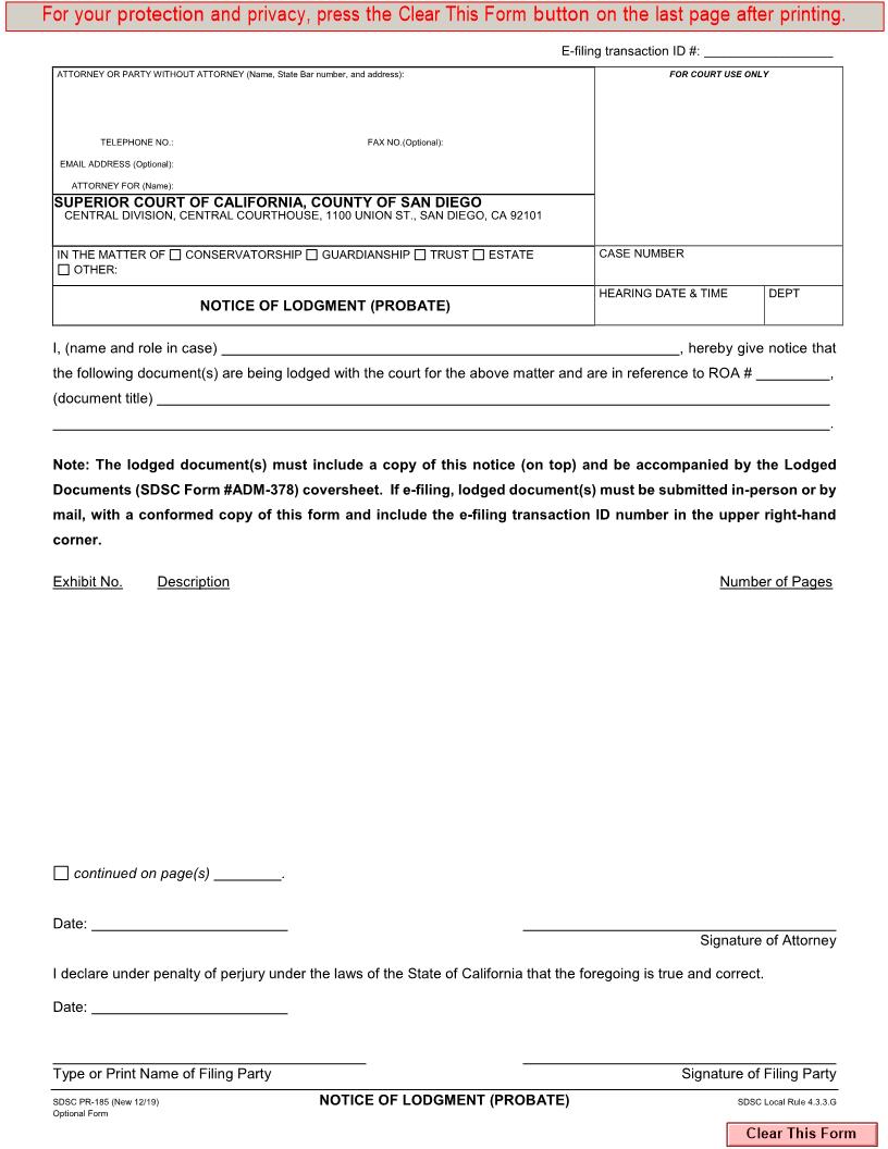 Notice Of Lodgment {PR-185} | Pdf Fpdf Docx | California