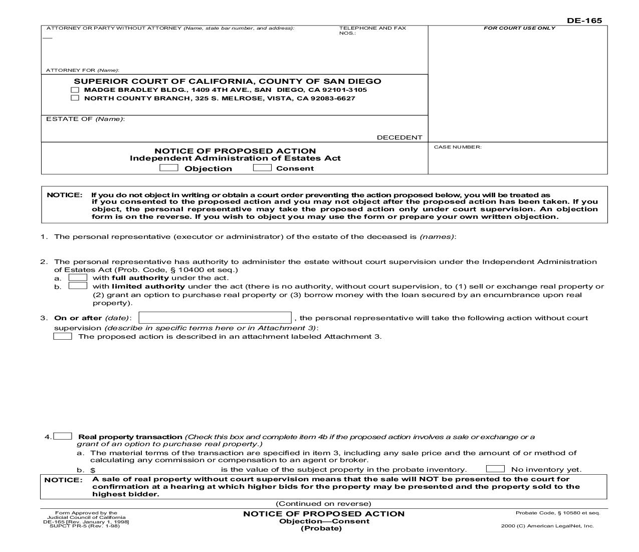 Notice Of Proposed Action Objection-Consent (Probate) (San Diego) {PR-005} | Pdf Fpdf Doc Docx | California