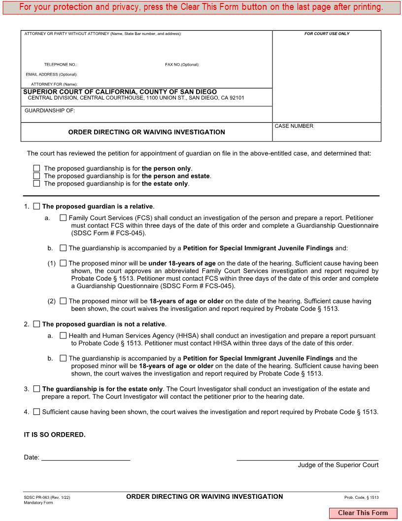 Order Directing Or Waiving Investigation {PR-063} | Pdf Fpdf Docx | California