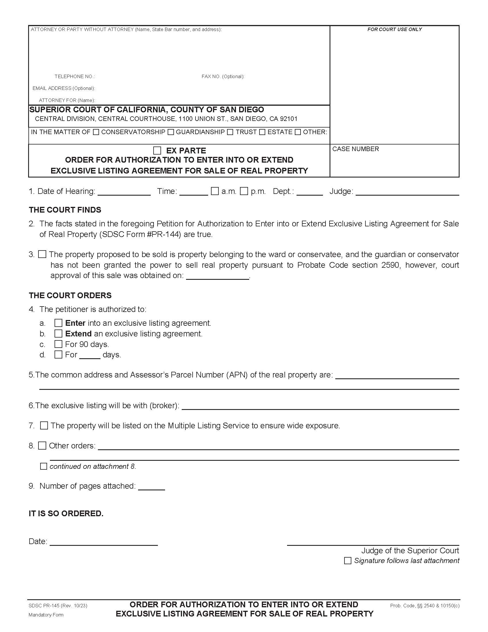 Order For Authorization To Enter Into Or Extend Exclusive Listing Agreement {PR-145} | Pdf Fpdf Docx | California