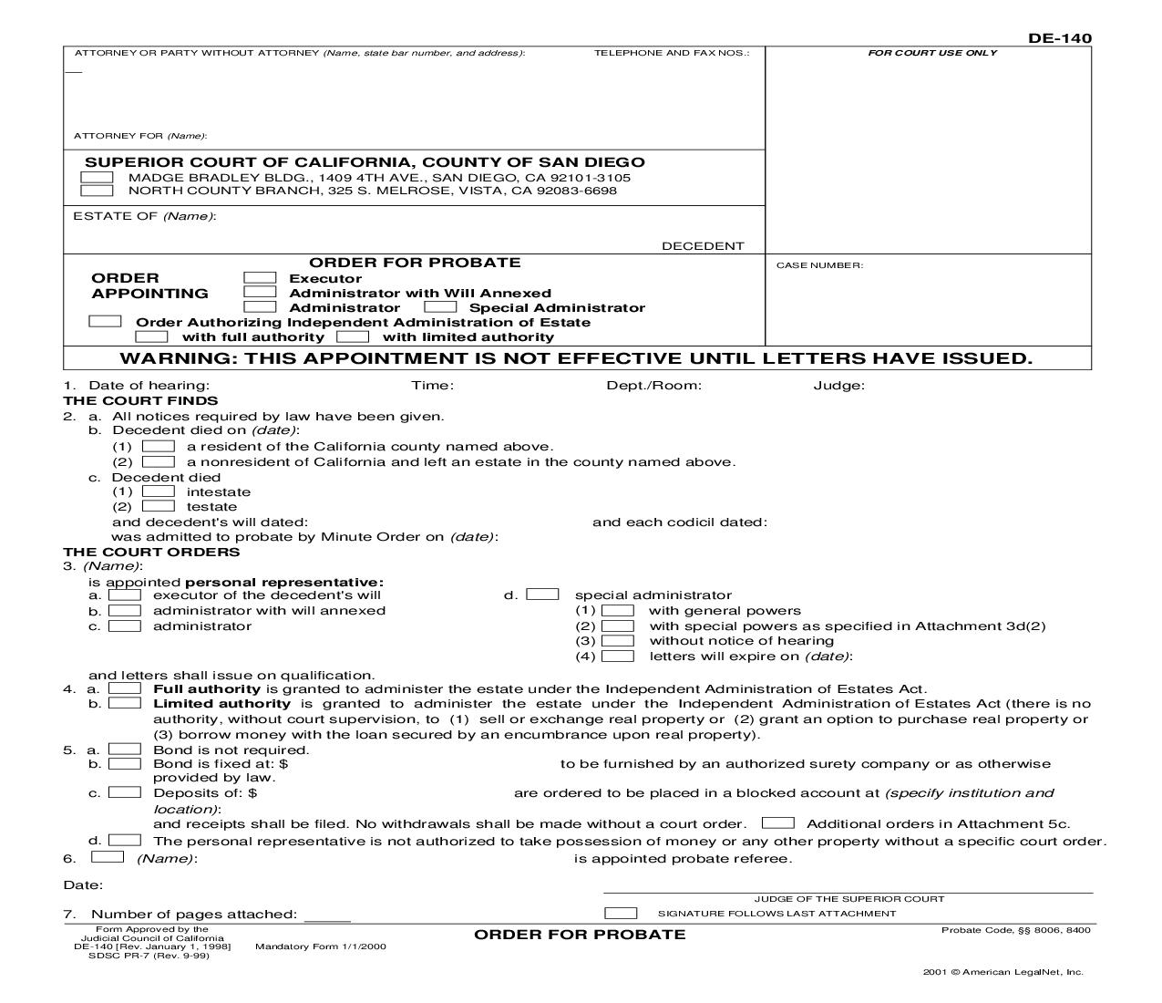 Order For Probate (San Diego) {PR-7} | Pdf Fpdf Doc Docx | California