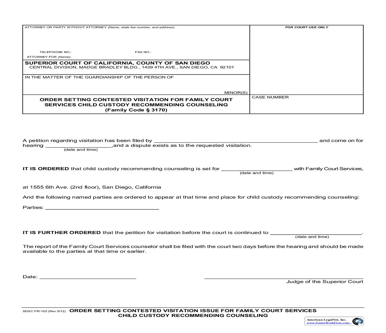 Order Setting Contested Visitation Issue For Family Court Services {PR-102} | Pdf Fpdf Docx | California