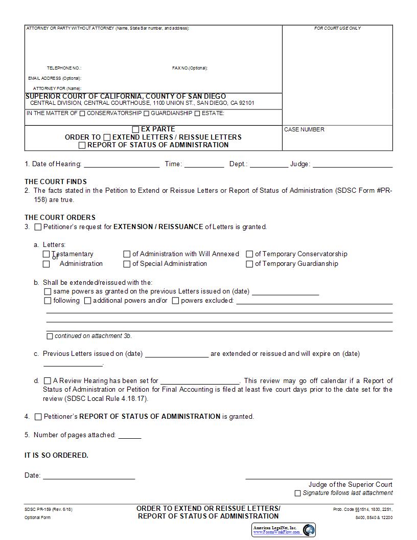 Order To Extend Or Reissue Letters-Report Of Status Of Administration {PR-159} | Pdf Fpdf Docx | California