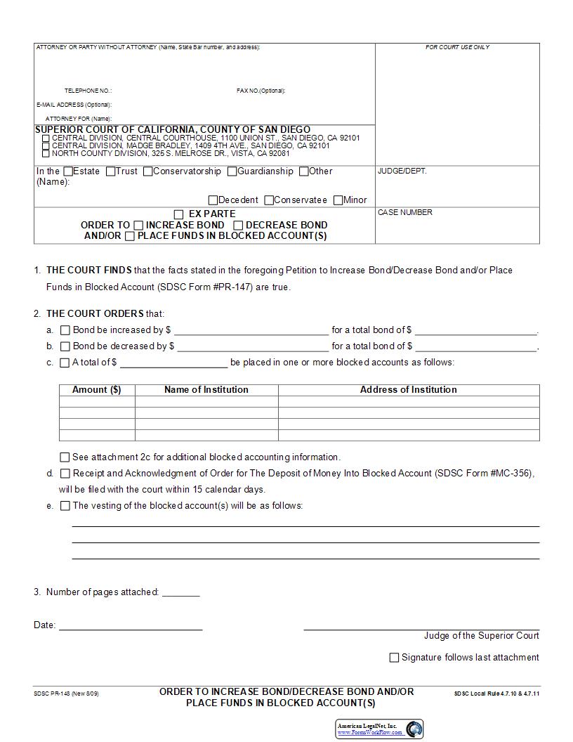 Order To Increase Bond Decrease Bond And Or Place Funds In Blocked Account {PR-148} | Pdf Fpdf Docx | California
