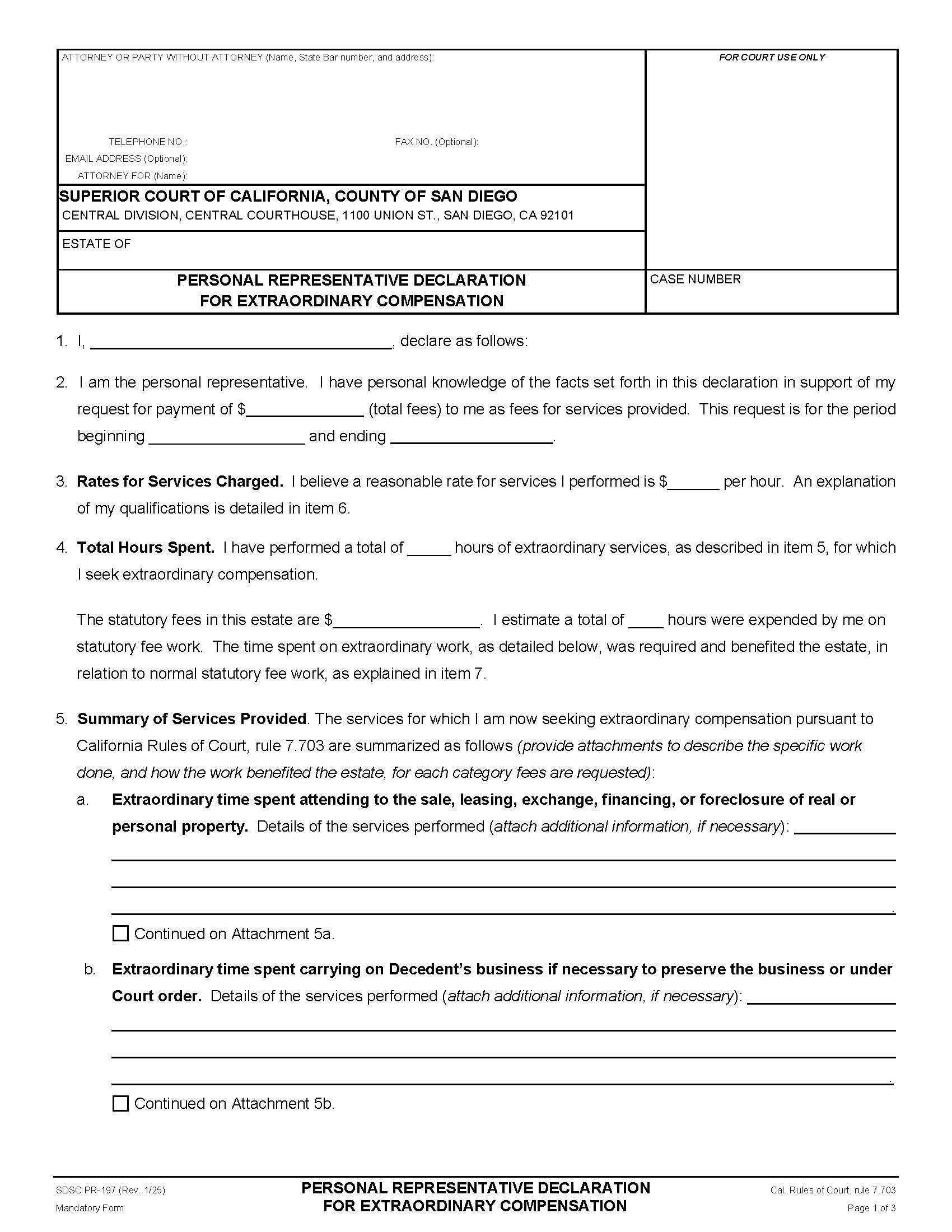 Personal Representative Declaration For Extraordinary Compensation {PR-197} | Pdf Fpdf Docx | California