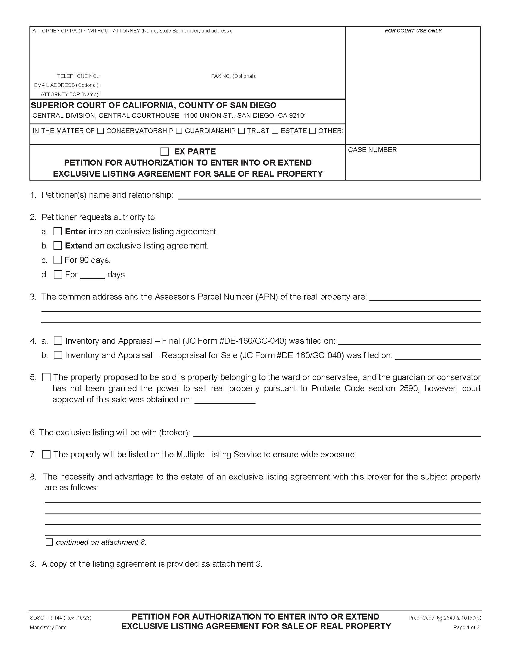 Petition For Authorization To Enter Into Or Extend Exclusive Listing Agreement {PR-144} | Pdf Fpdf Docx | California