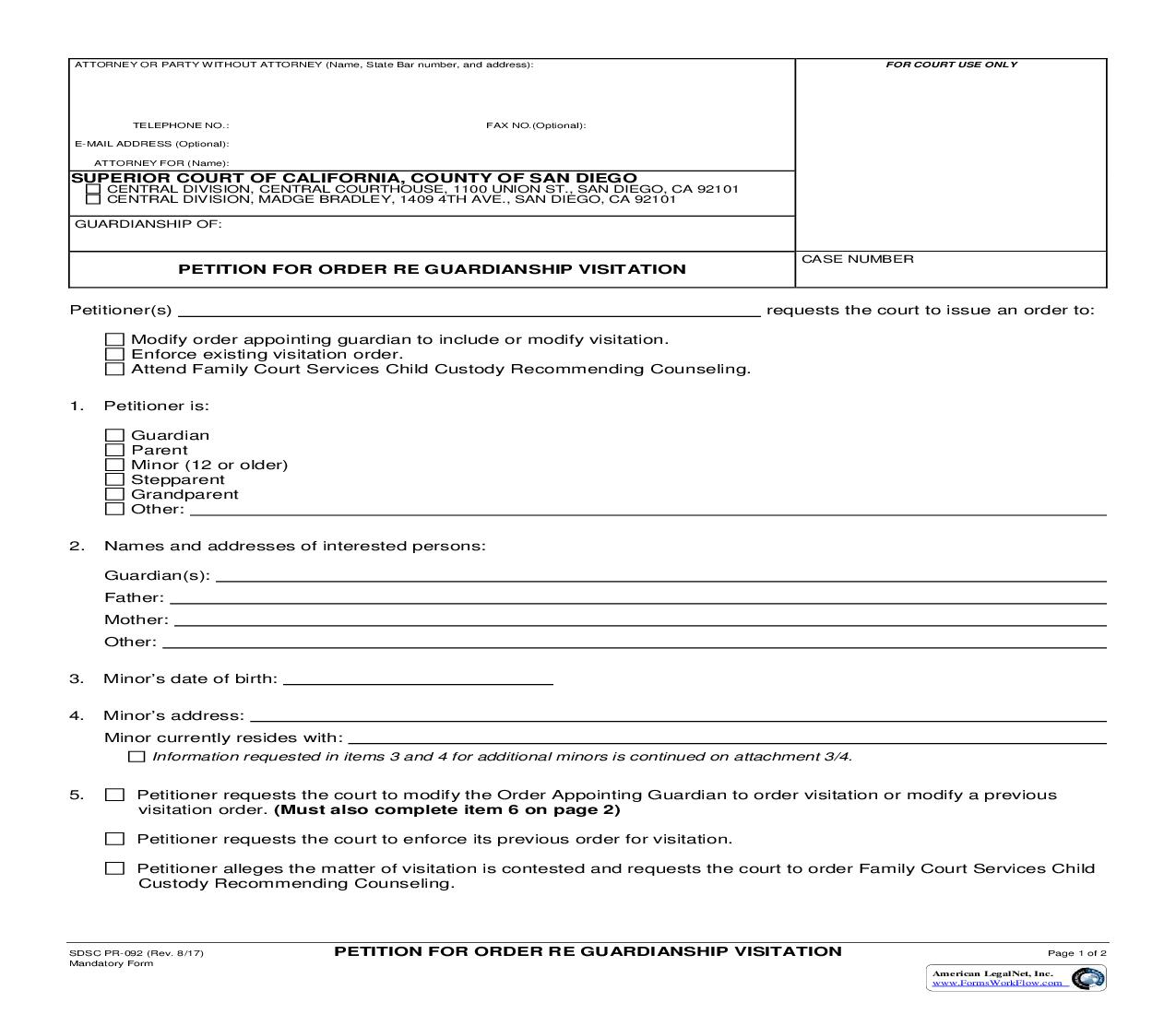 Petition For Order Re Guardianship Visitation {PR-092} | Pdf Fpdf Doc Docx | California