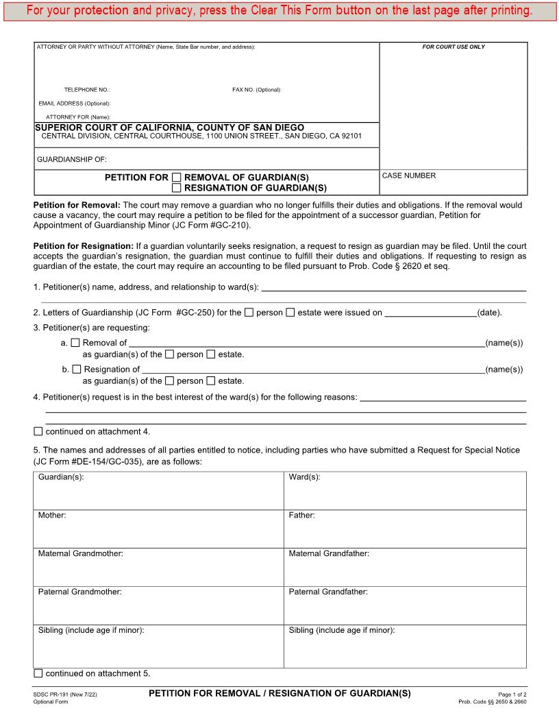 Petition For Removal-Resignation Of Guardian(s) {PR-191} | Pdf Fpdf Docx | California