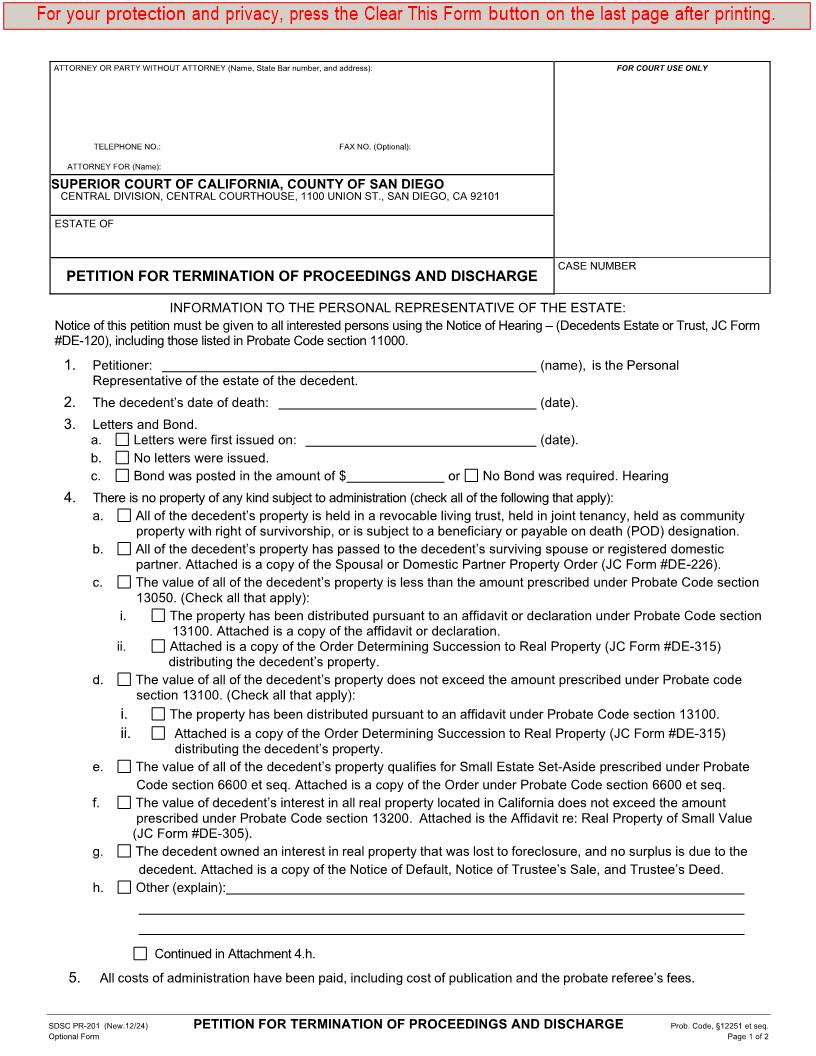 Petition For Termination Of Proceedings And Discharge {PR-201} | Pdf Fpdf Docx | California
