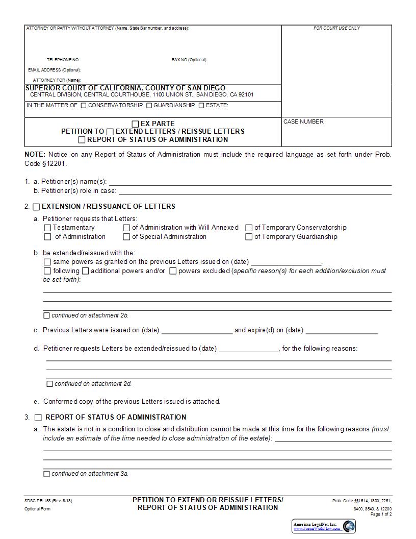 Petition To Extend Or Reissue Letters-Report Of Status Of Administration {PR-158} | Pdf Fpdf Docx | California